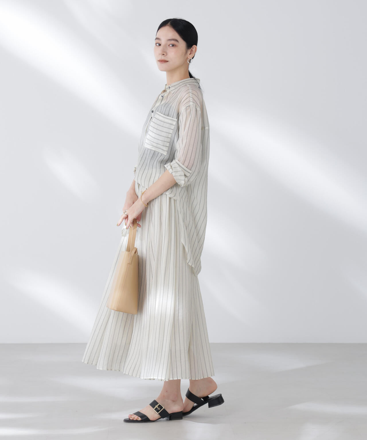 シアーストライプオーバーサイズロングシャツ(セットアップ可)