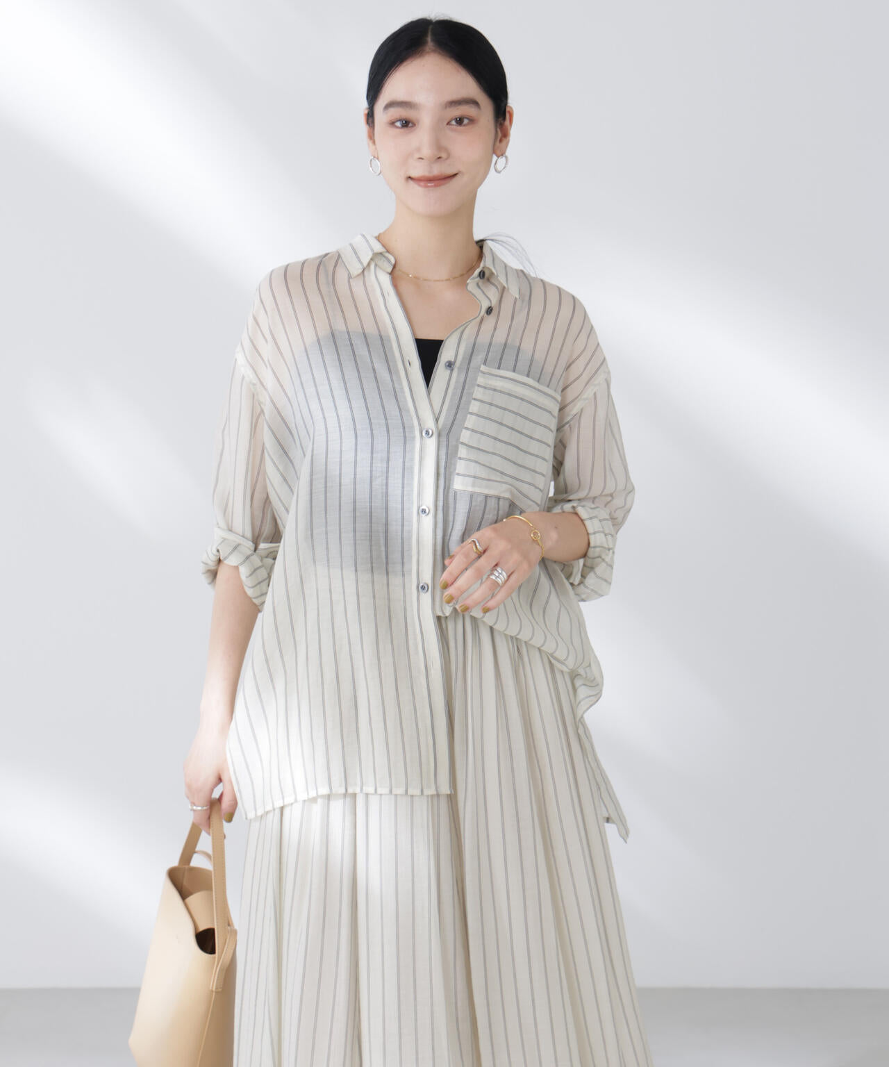 シアーストライプオーバーサイズロングシャツ(セットアップ可)
