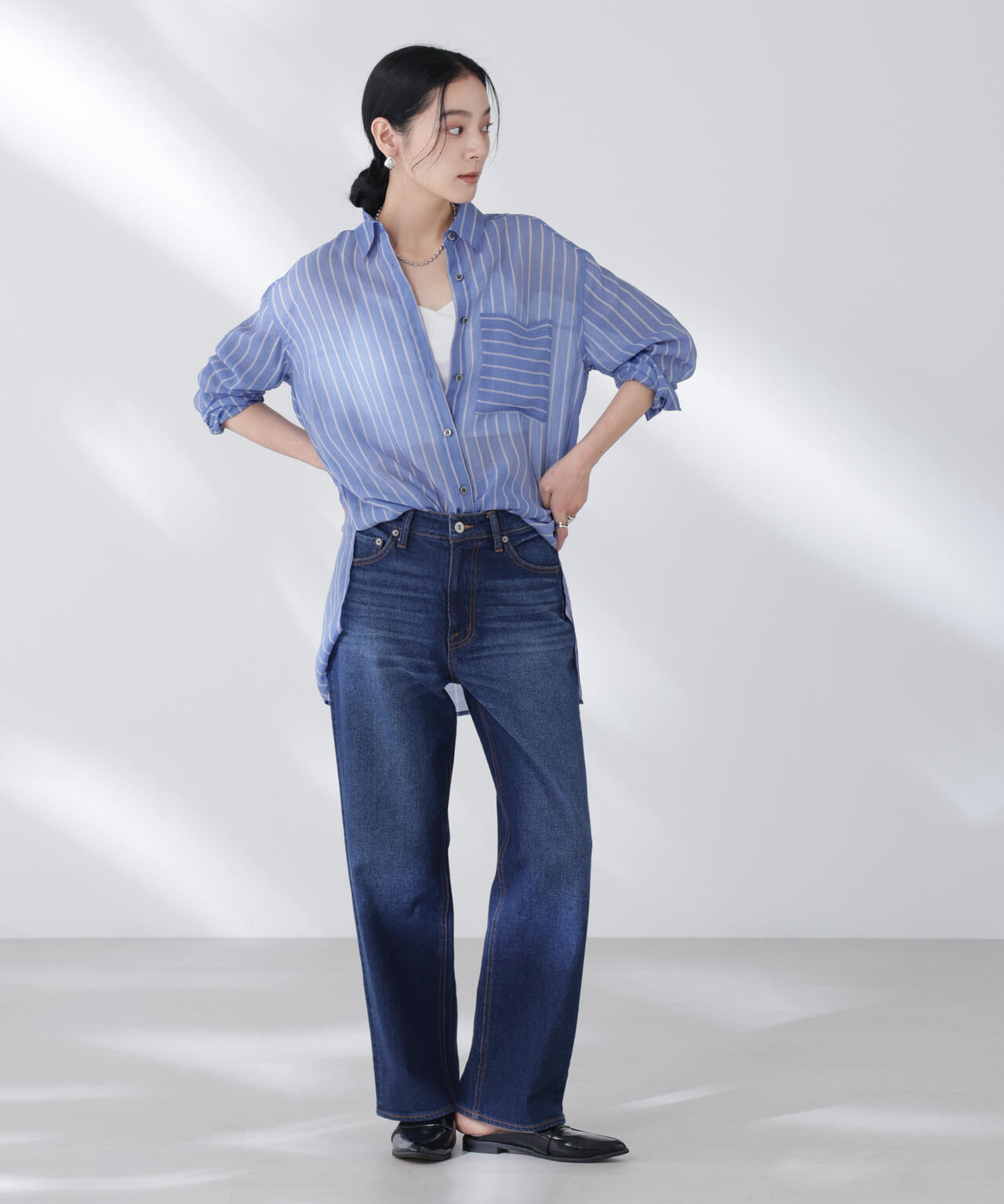 シアーストライプオーバーサイズロングシャツ(セットアップ可)