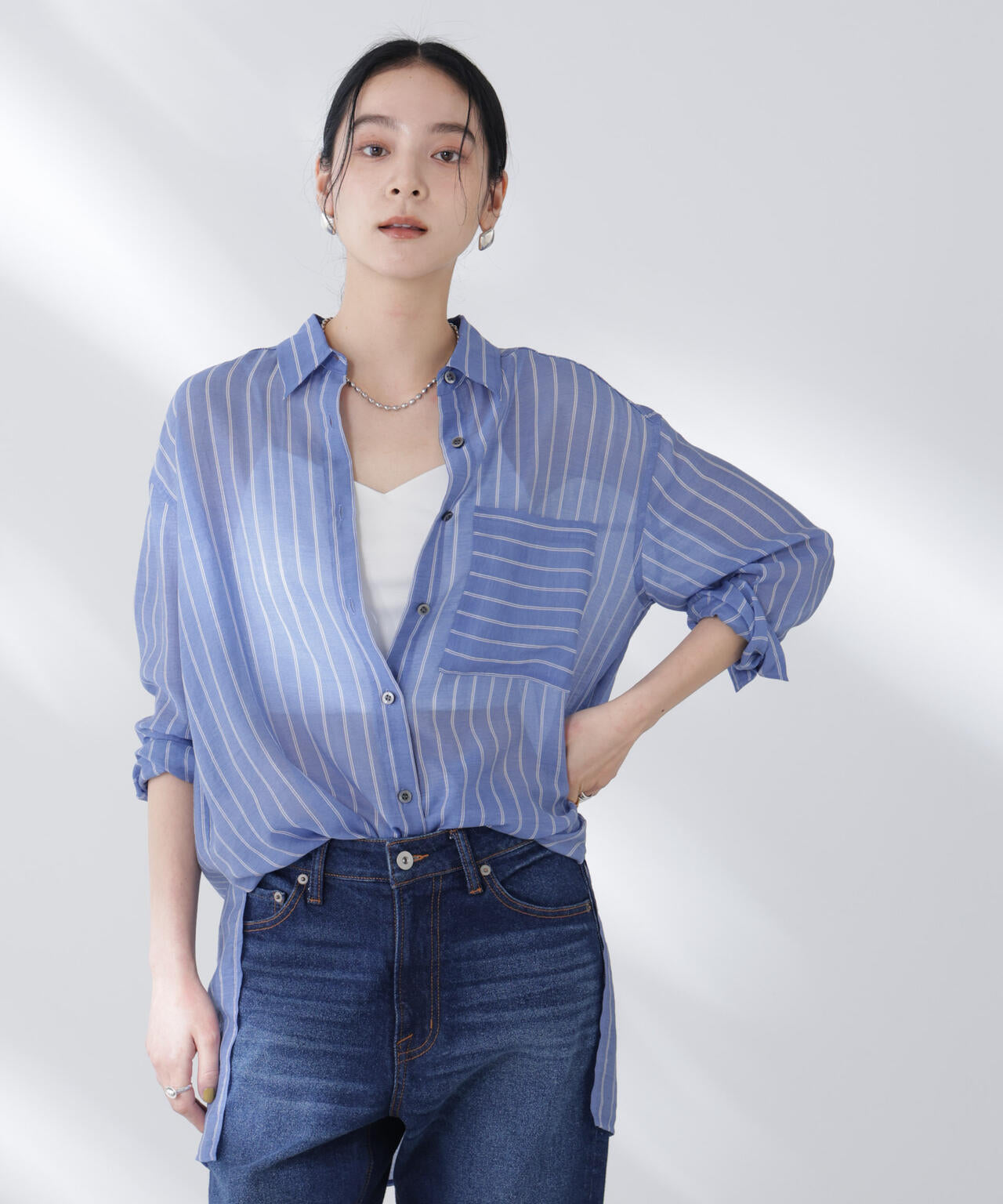 シアーストライプオーバーサイズロングシャツ(セットアップ可)
