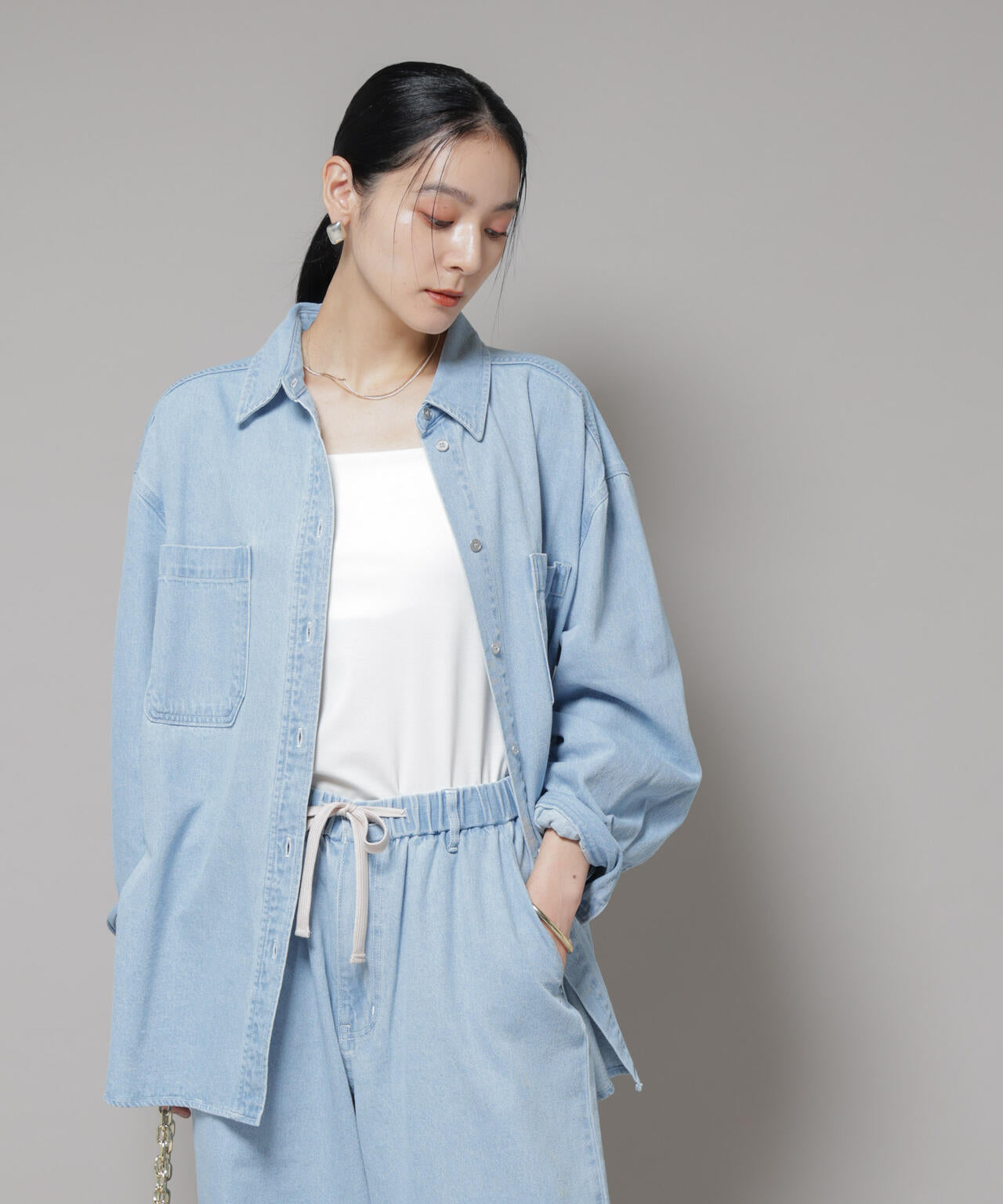 刺繍入りデニムワイドシャツ(セットアップ可)