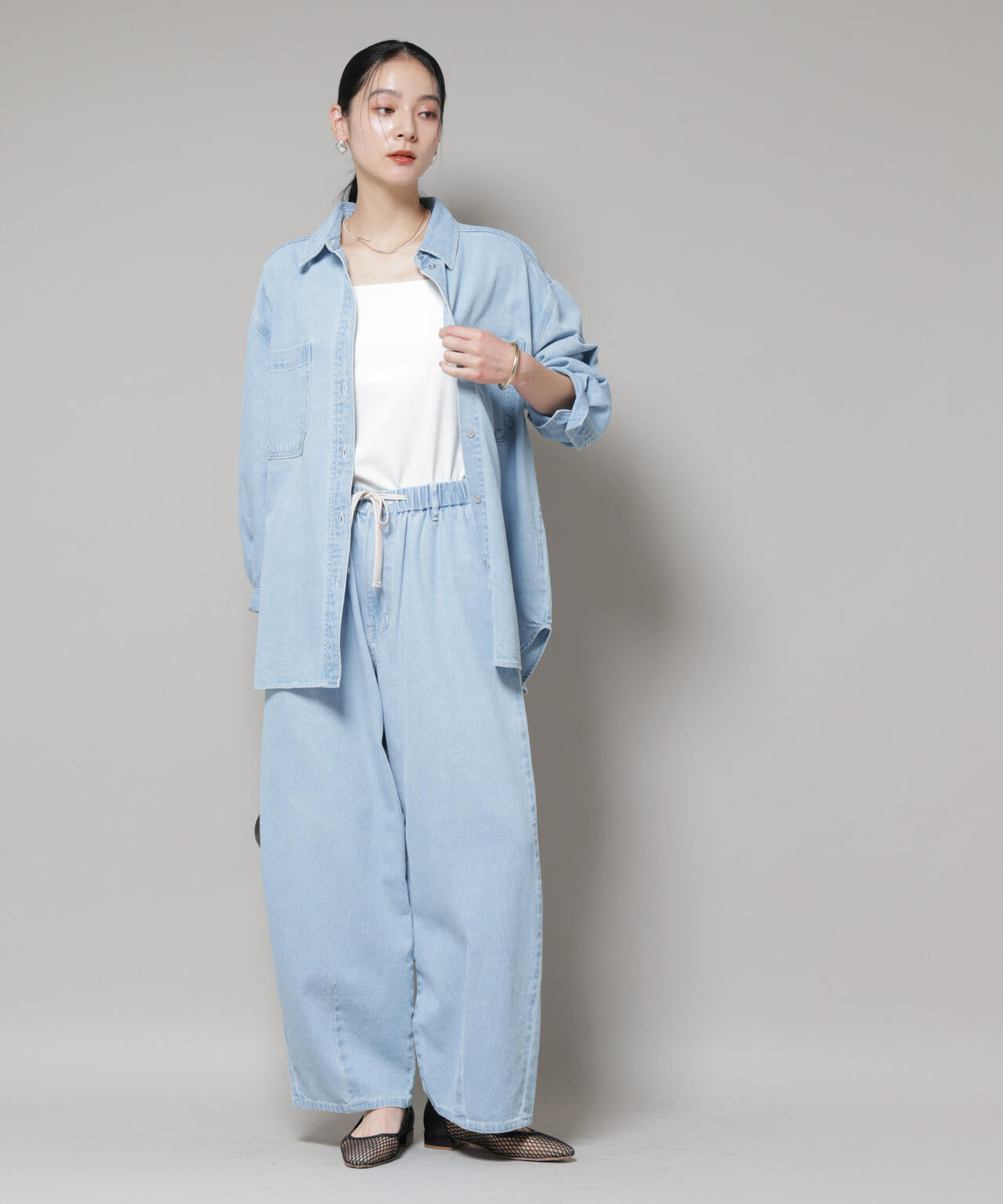 刺繍入りデニムワイドシャツ(セットアップ可)