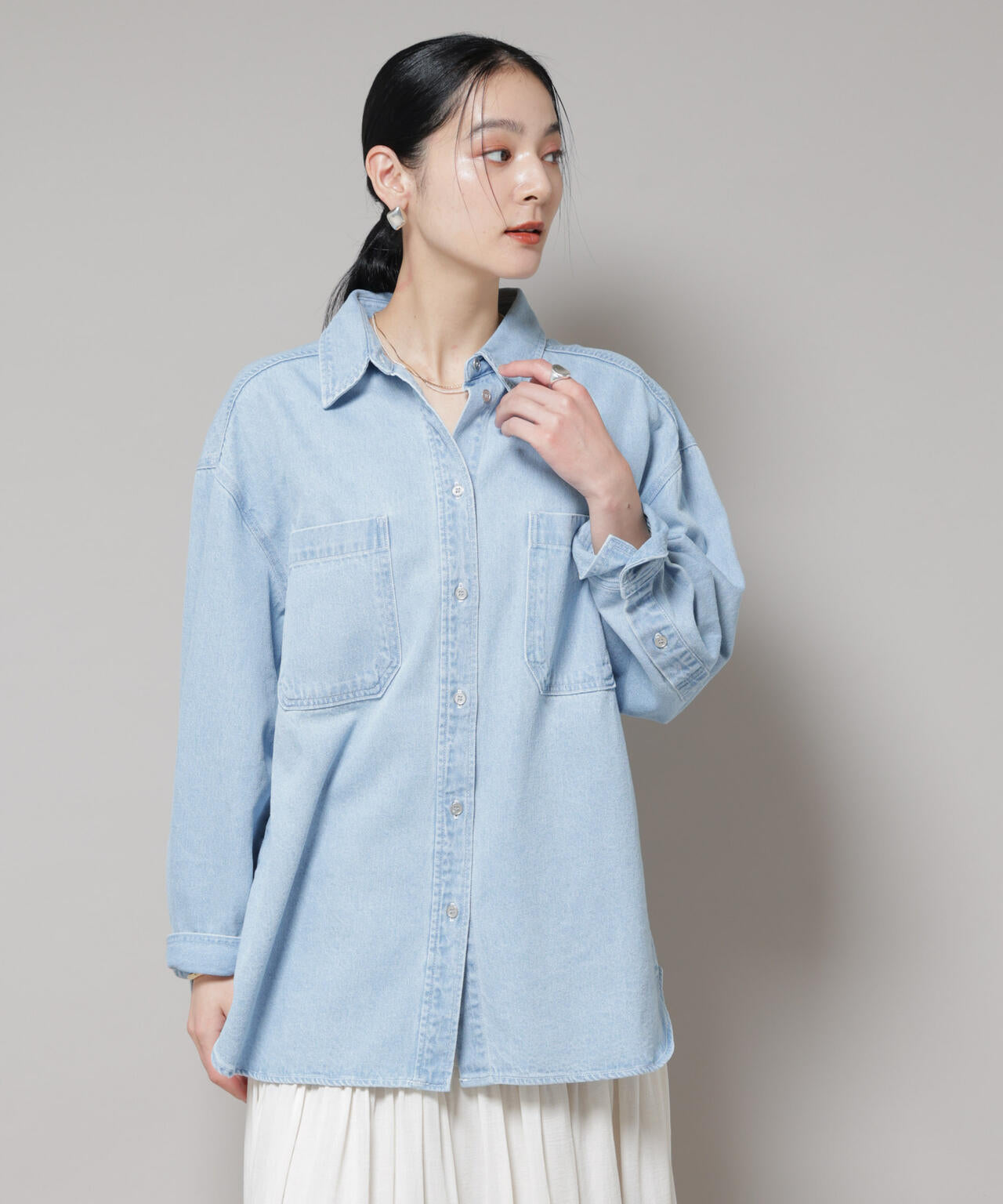 刺繍入りデニムワイドシャツ(セットアップ可)