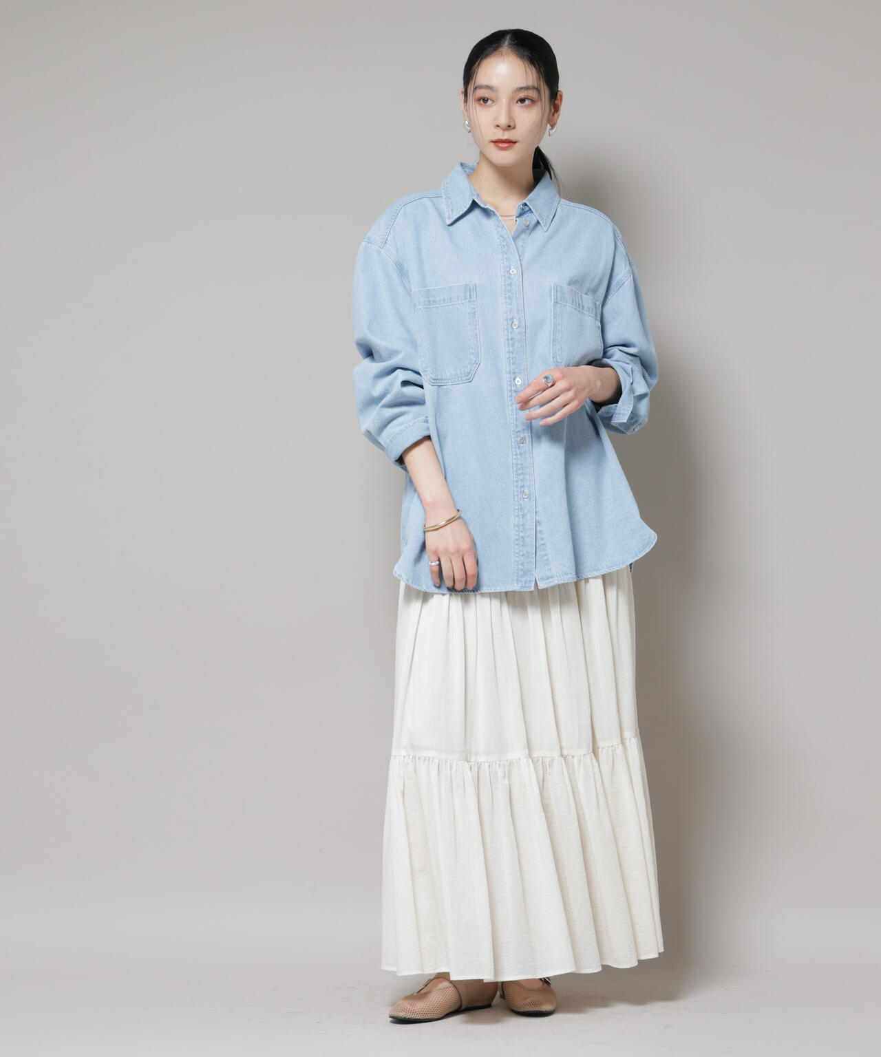 刺繍入りデニムワイドシャツ(セットアップ可)