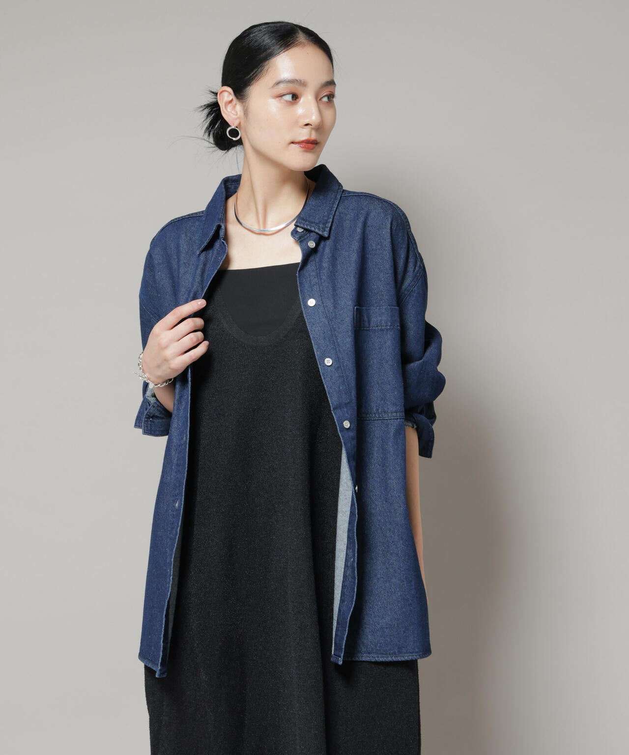 刺繍入りデニムワイドシャツ(セットアップ可)