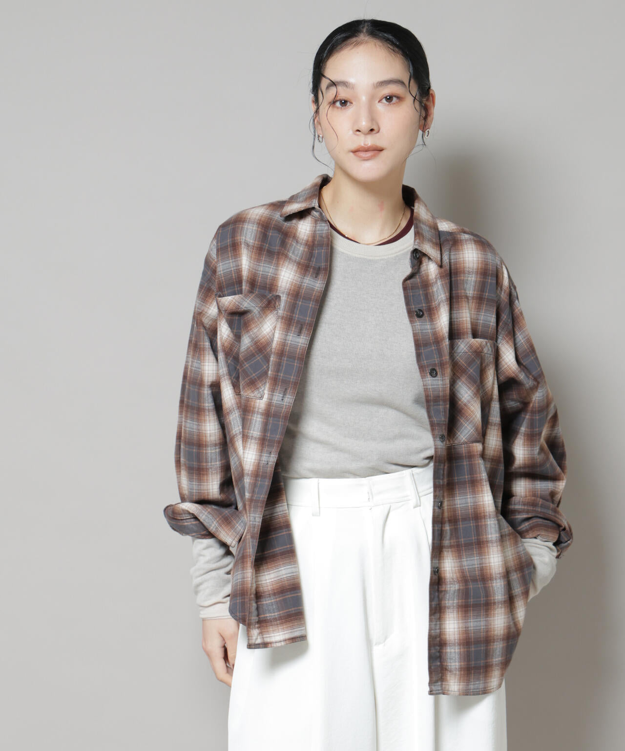 オンブレチェックオーバーネルシャツ