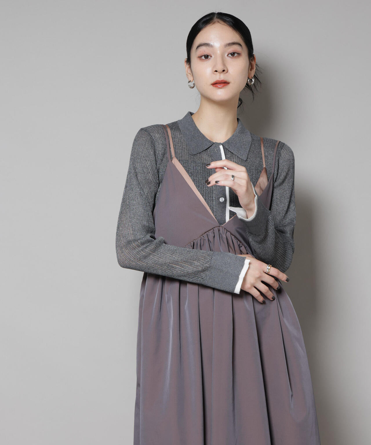 バイカラーシアーリブ衿付きカーディガン | NANO universe（ナノ