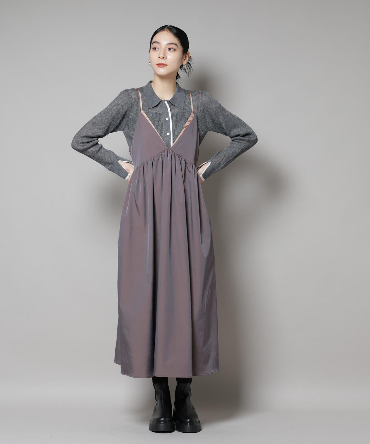 バイカラーシアーリブ衿付きカーディガン