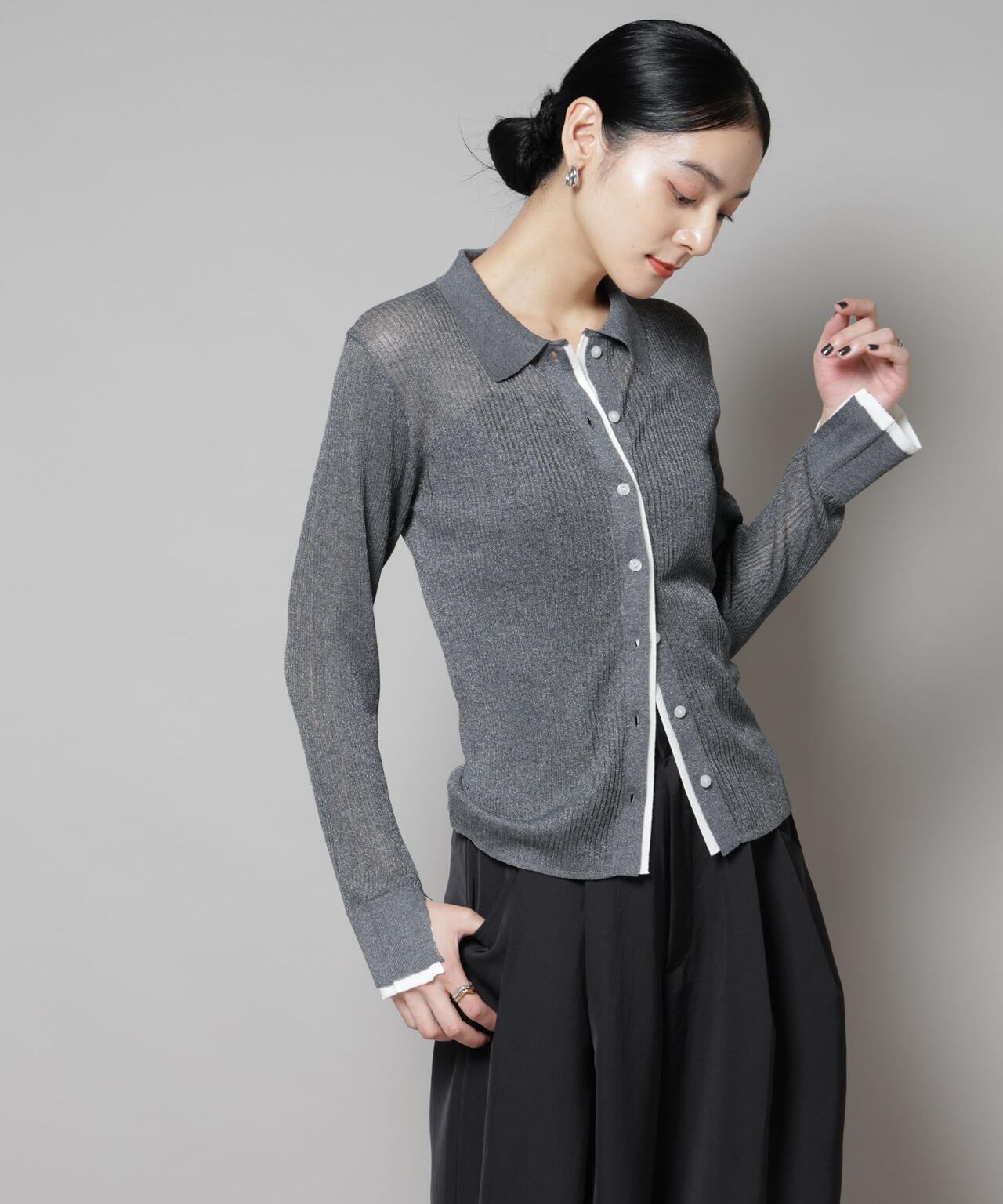 バイカラーシアーリブ衿付きカーディガン | NANO universe（ナノ