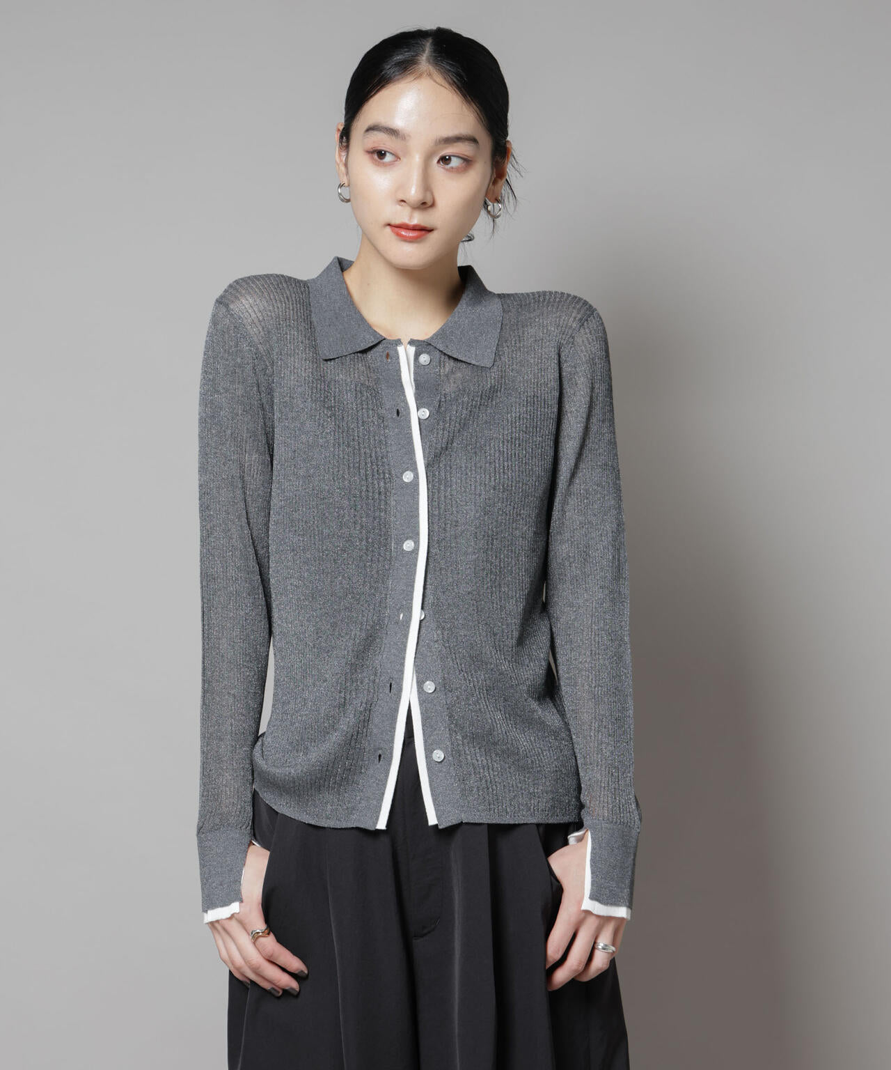 バイカラーシアーリブ衿付きカーディガン