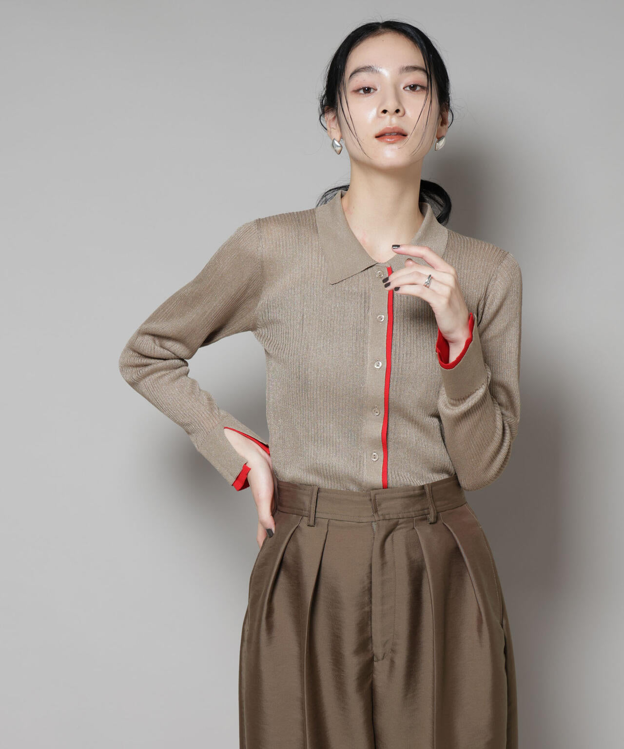 バイカラーシアーリブ衿付きカーディガン