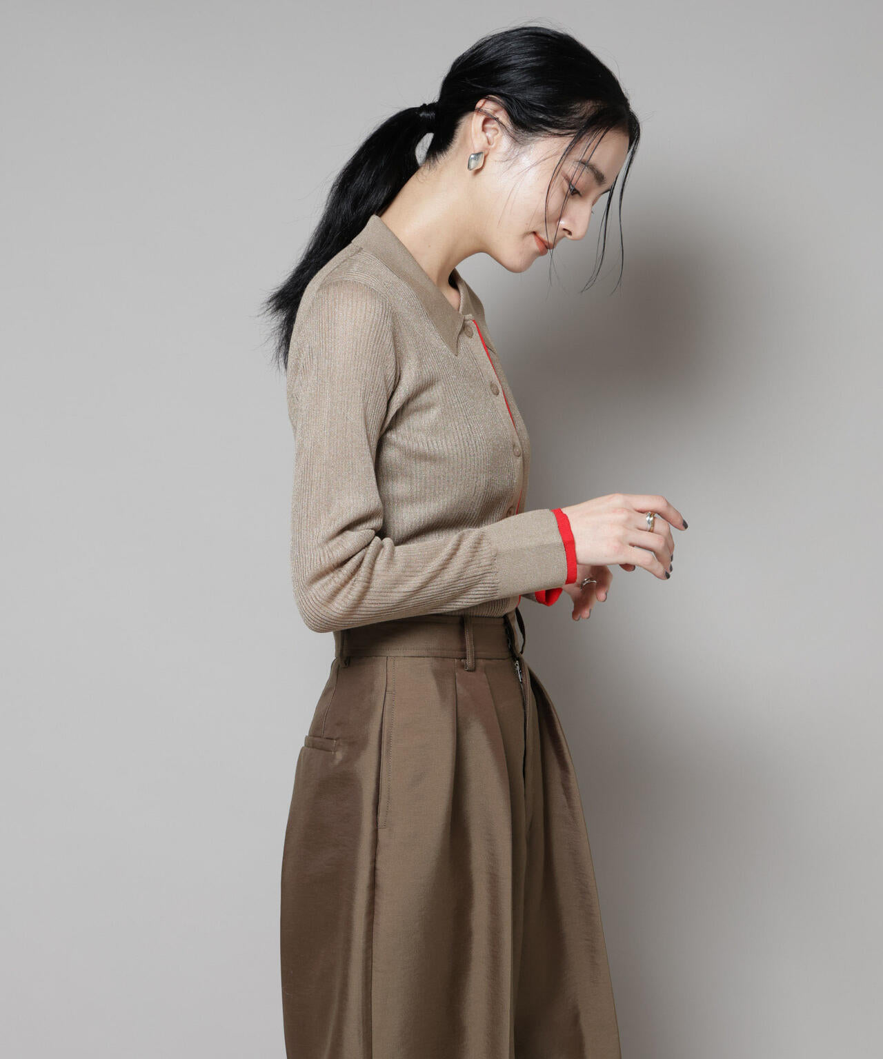 バイカラーシアーリブ衿付きカーディガン