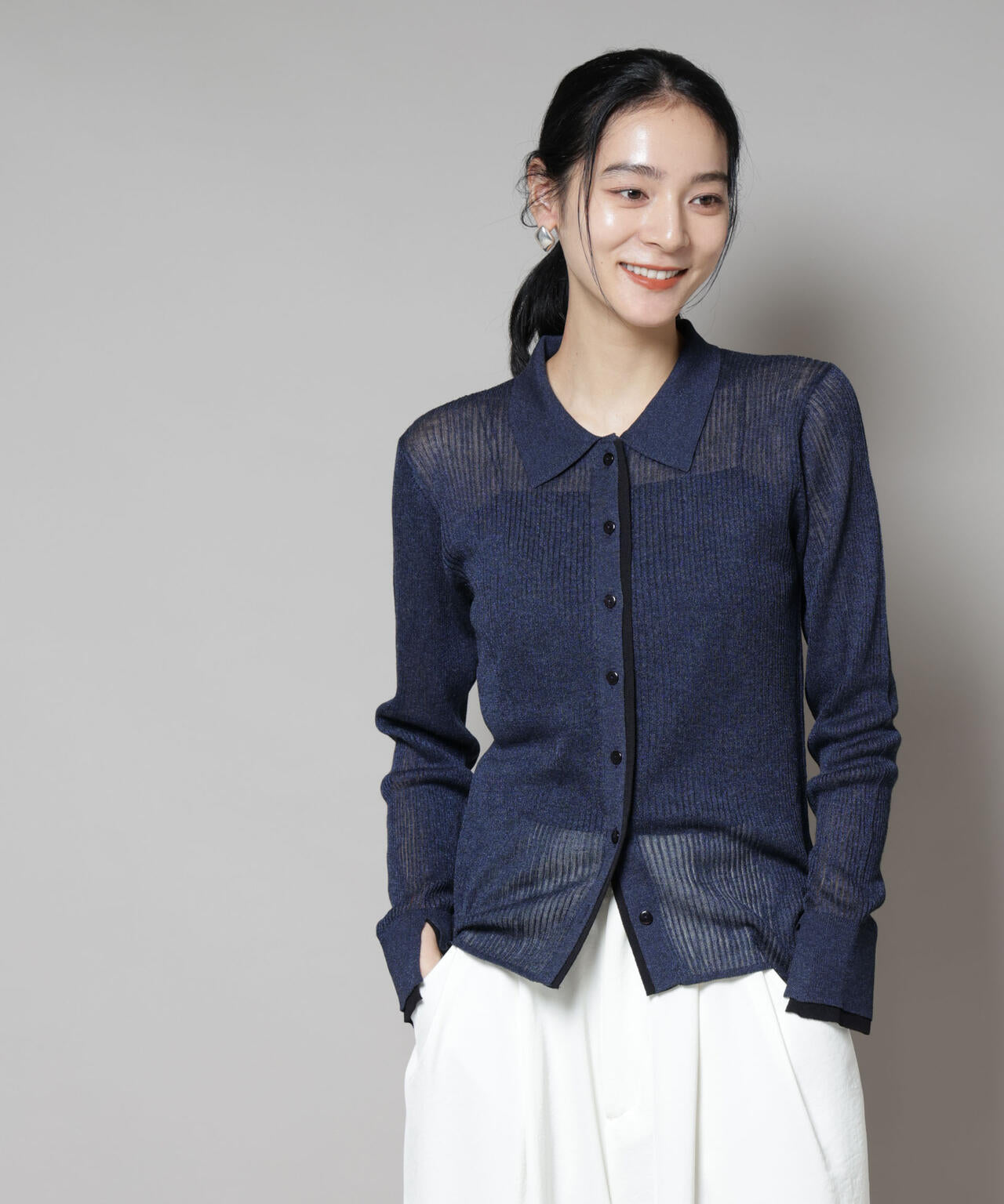 バイカラーシアーリブ衿付きカーディガン