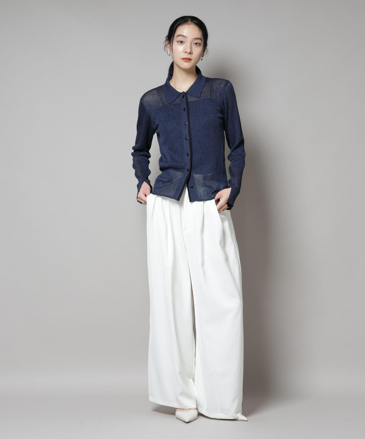 バイカラーシアーリブ衿付きカーディガン