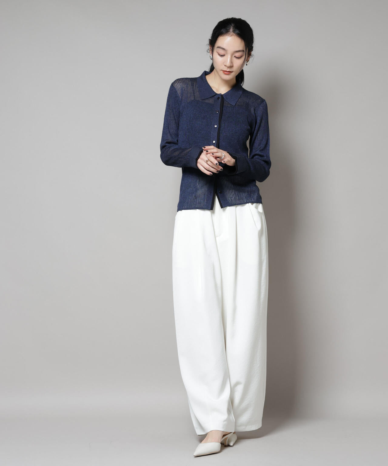 バイカラーシアーリブ衿付きカーディガン