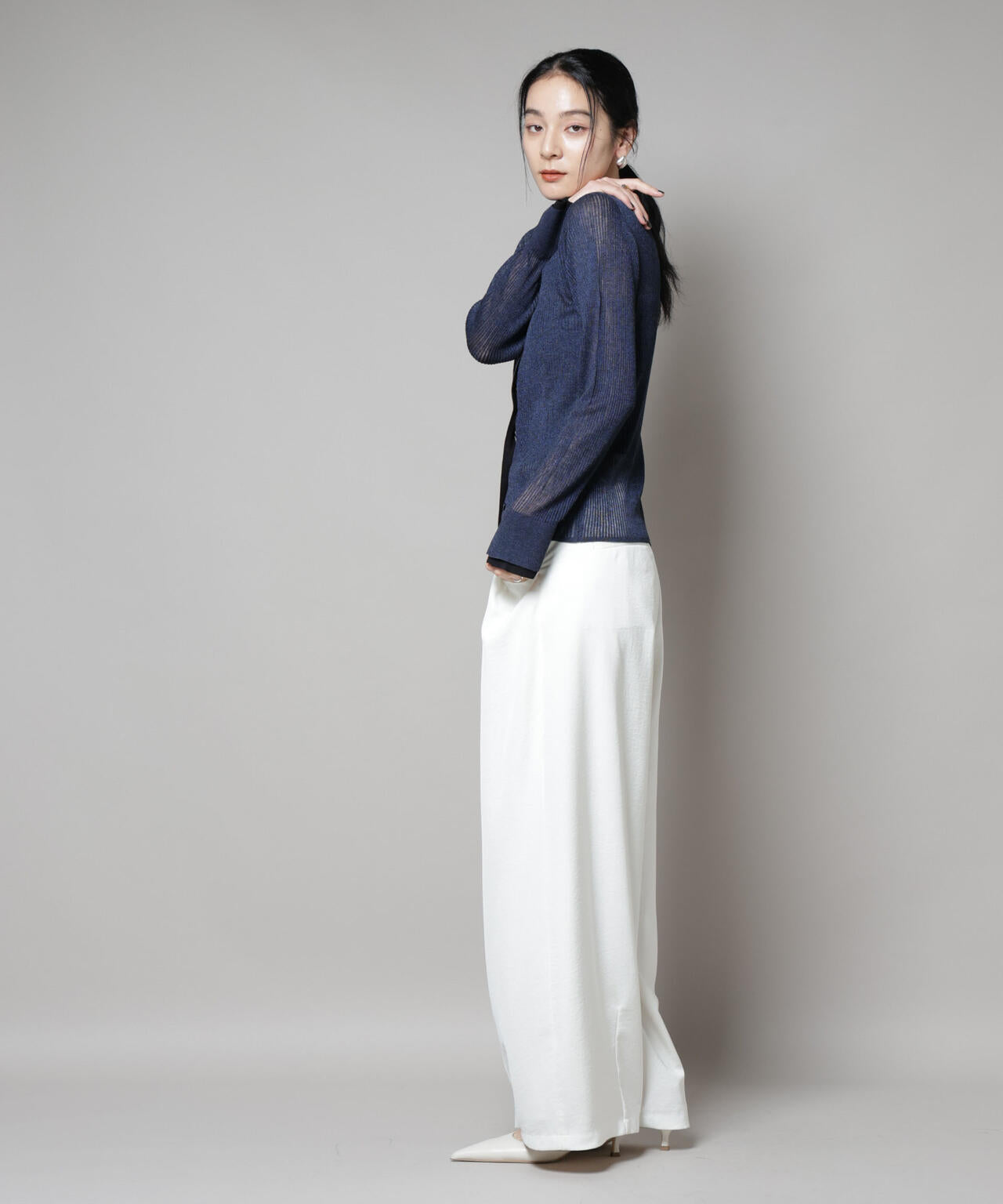 バイカラーシアーリブ衿付きカーディガン