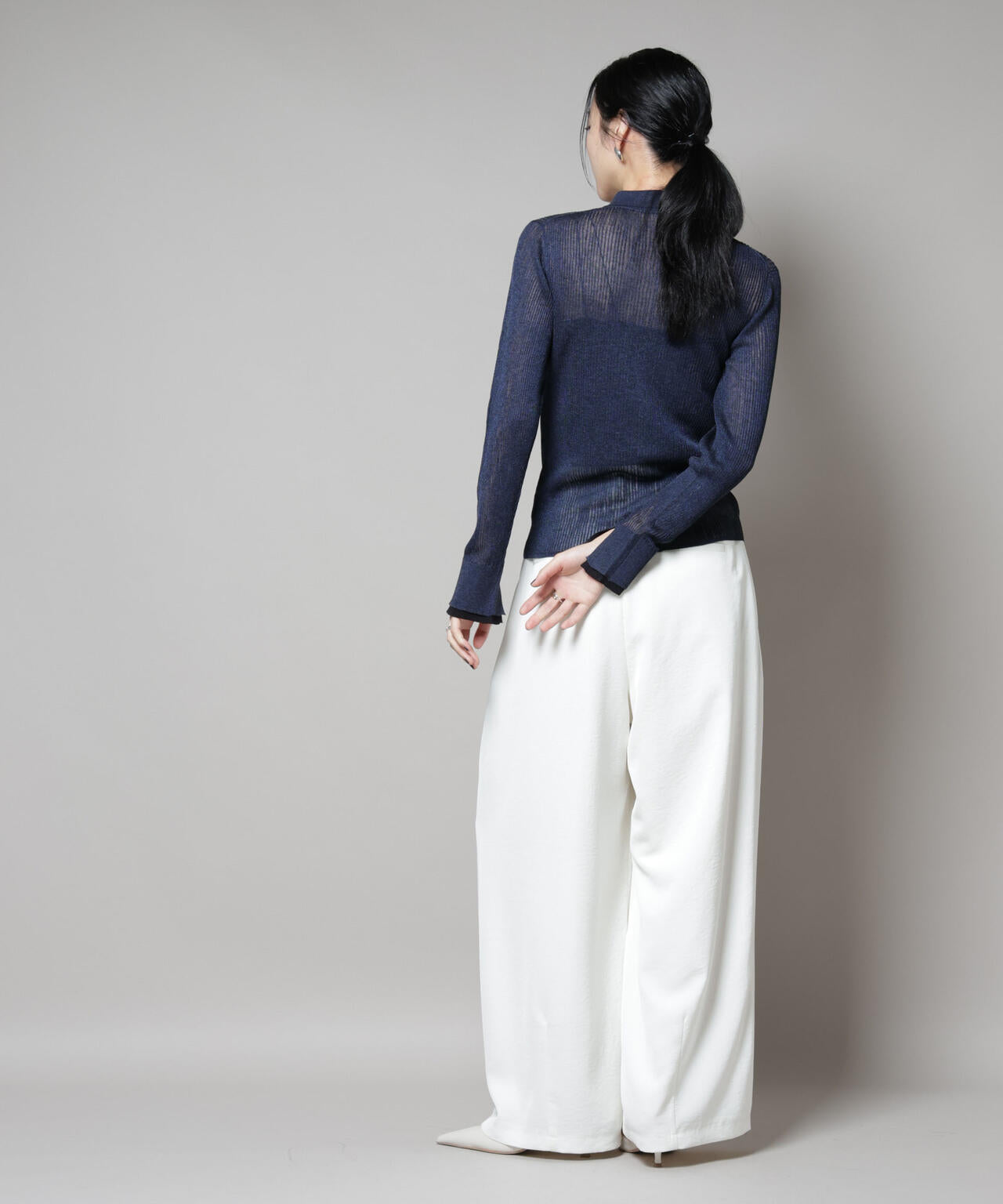 バイカラーシアーリブ衿付きカーディガン