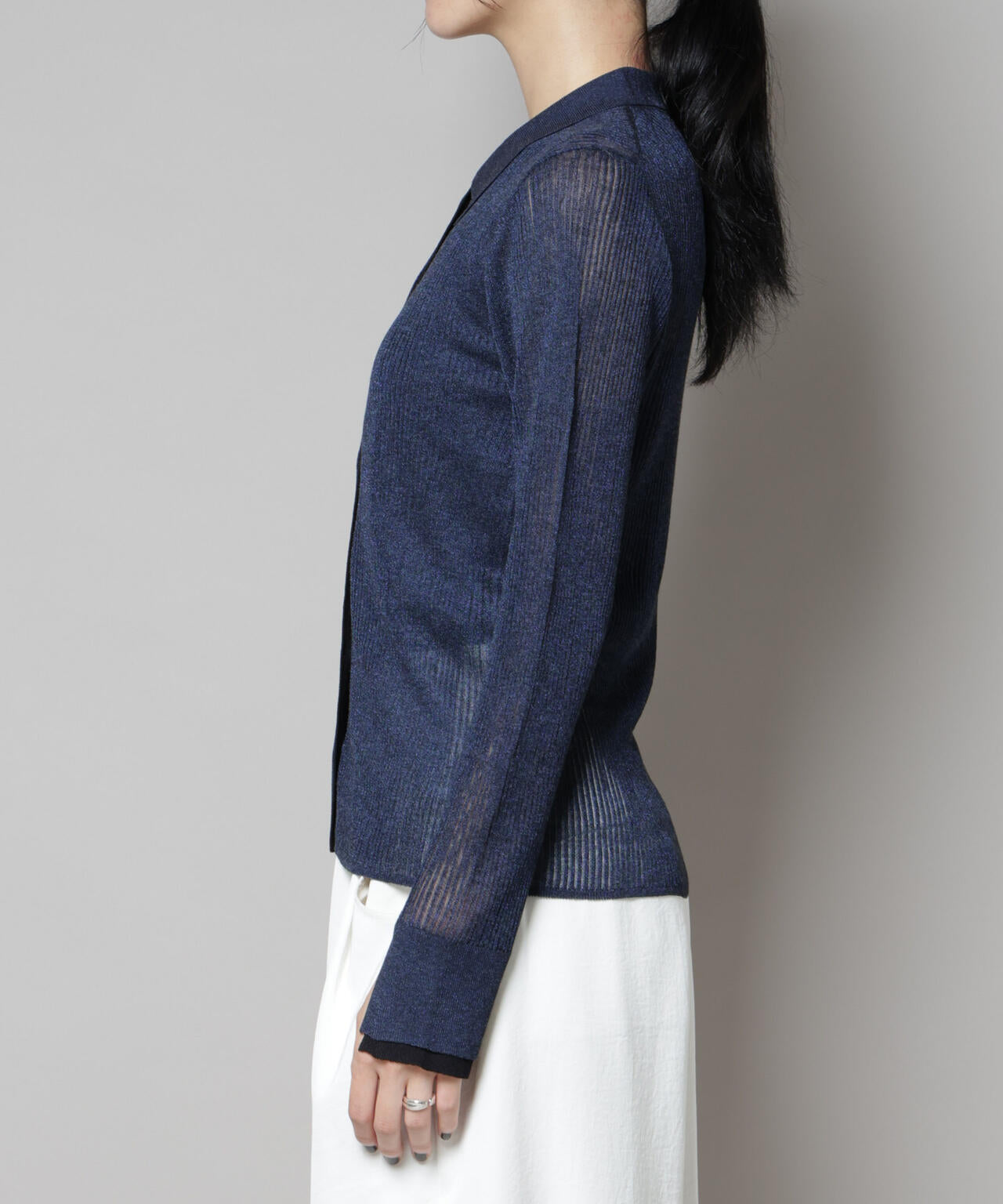 バイカラーシアーリブ衿付きカーディガン