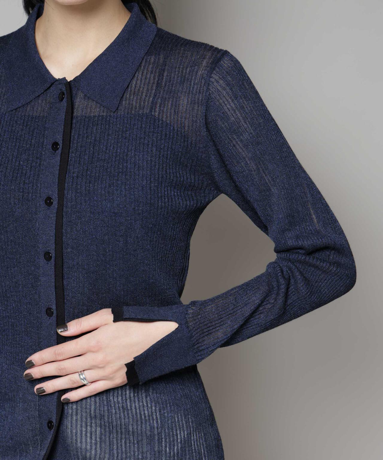 バイカラーシアーリブ衿付きカーディガン