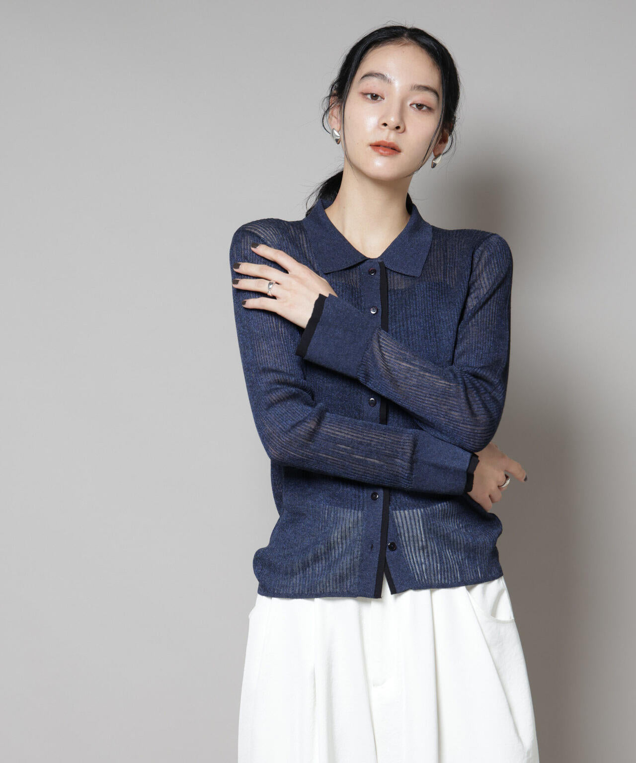 バイカラーシアーリブ衿付きカーディガン