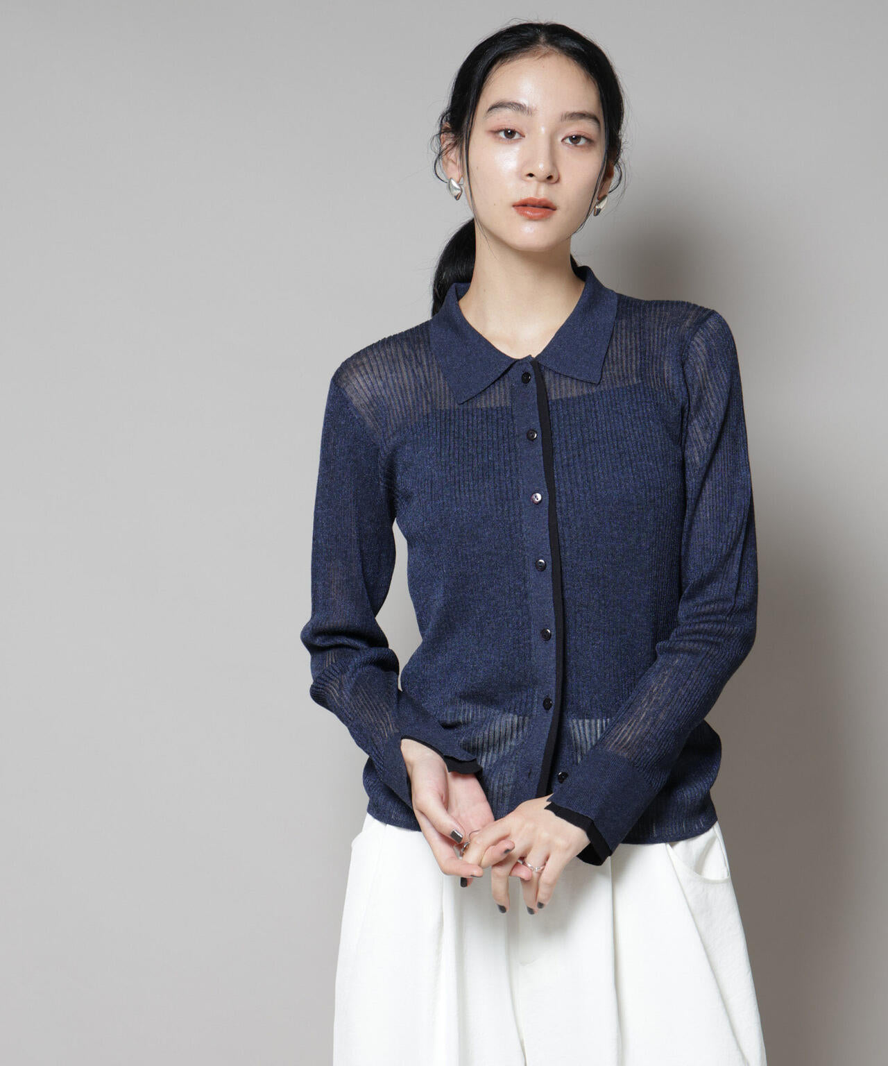 バイカラーシアーリブ衿付きカーディガン | NANO universe（ナノ