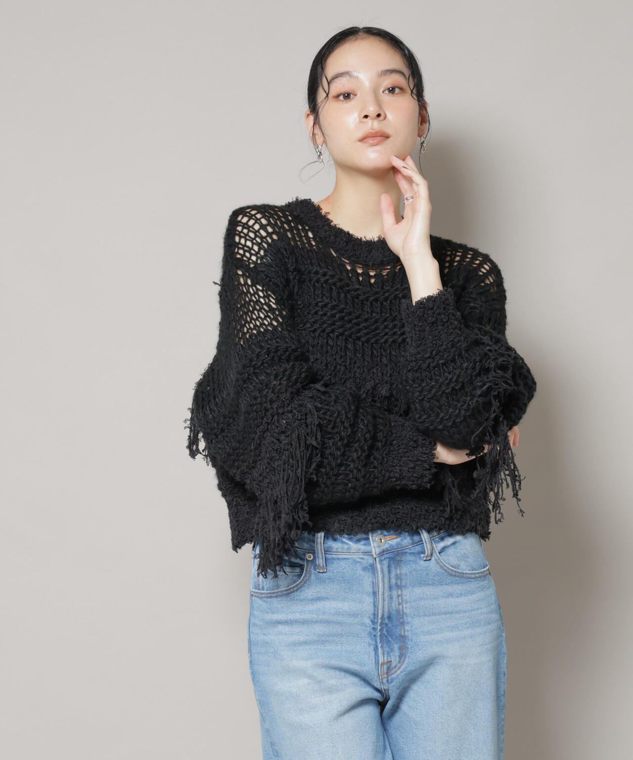 異素材ボーダーフリンジニットプルオーバー | NANO universe（ナノ