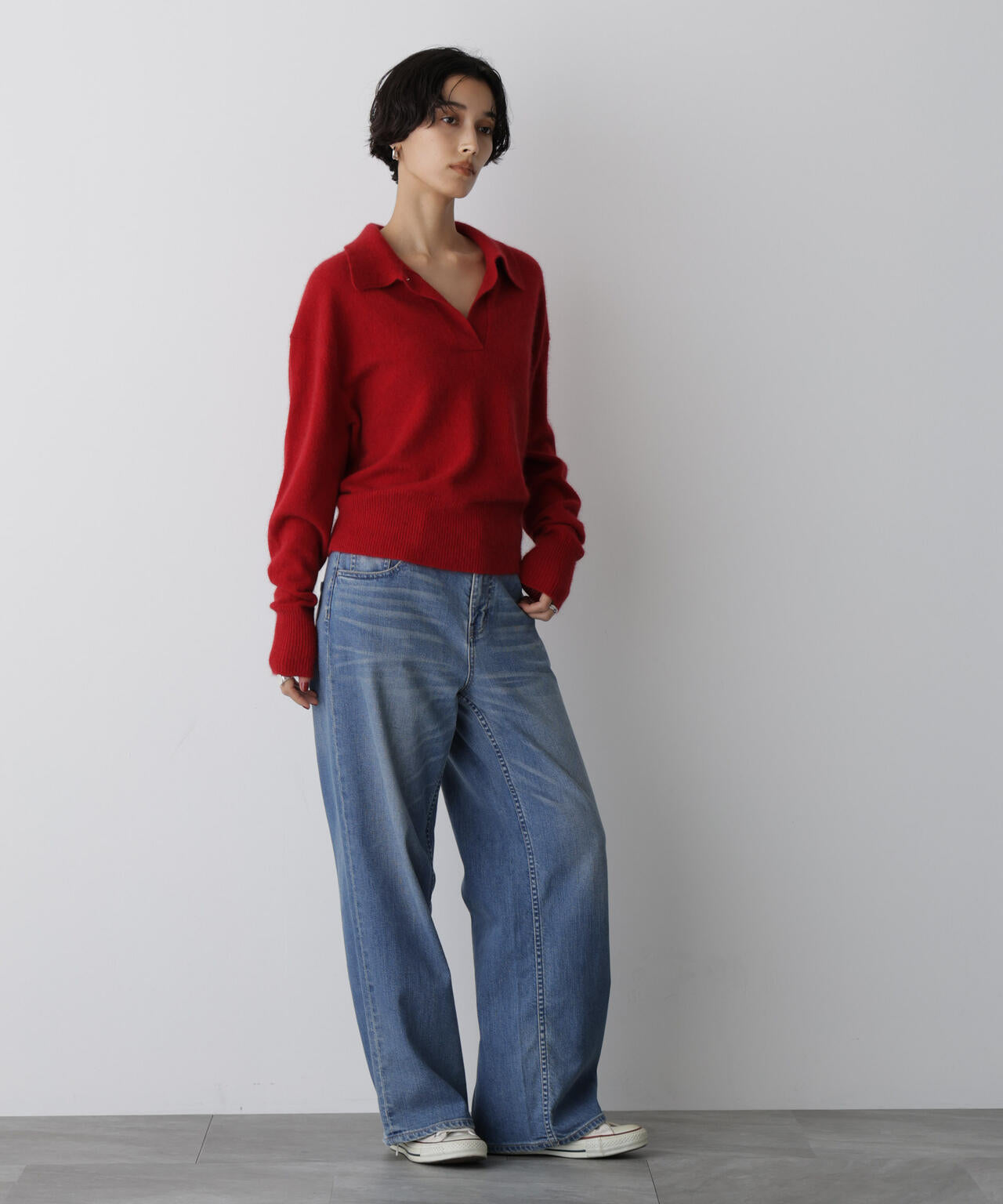 「STEVELOUR」スキッパーポロ衿ソフトタッチニット