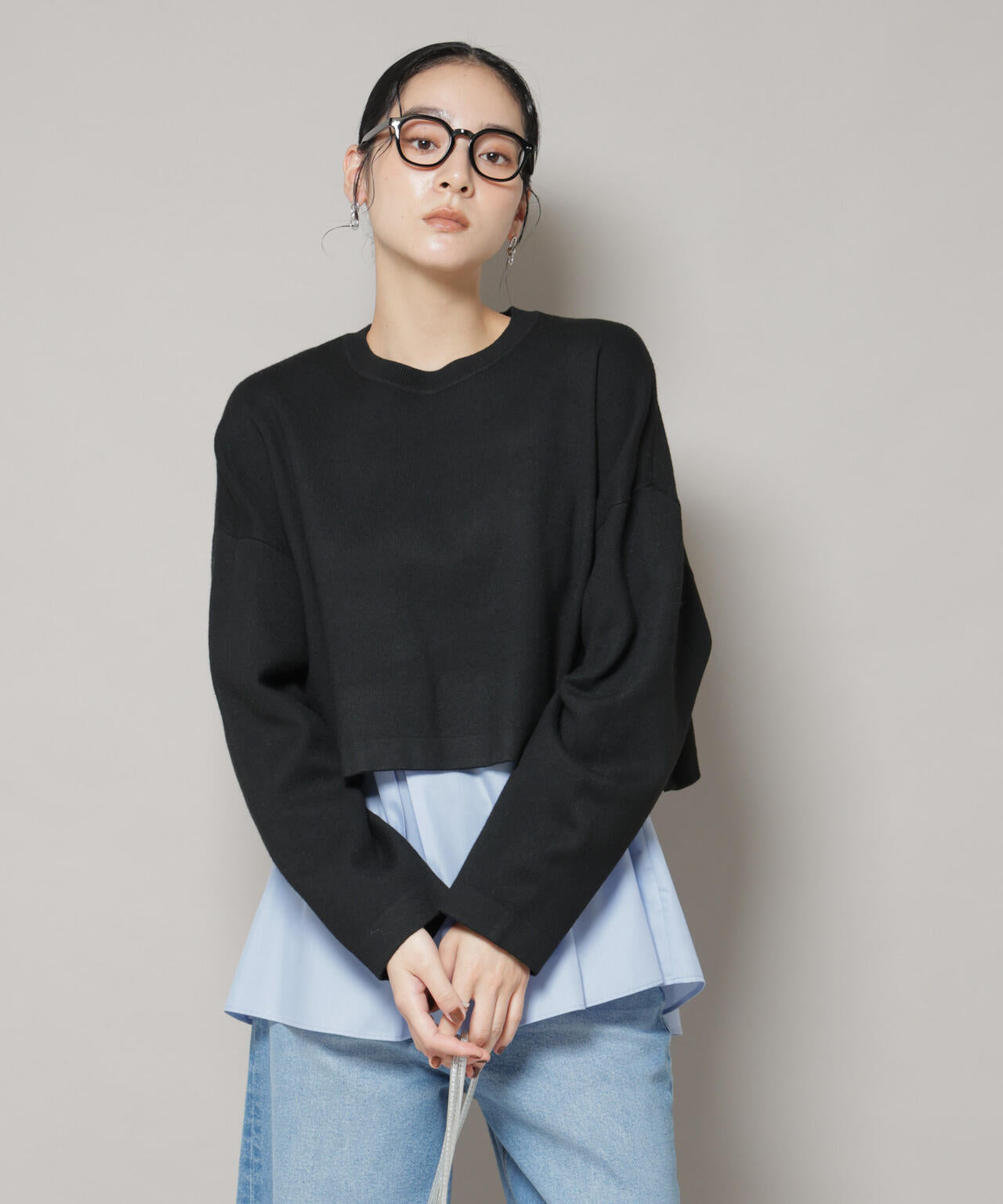 ダブルジャガードニット×タックブラウス ペプラムセット