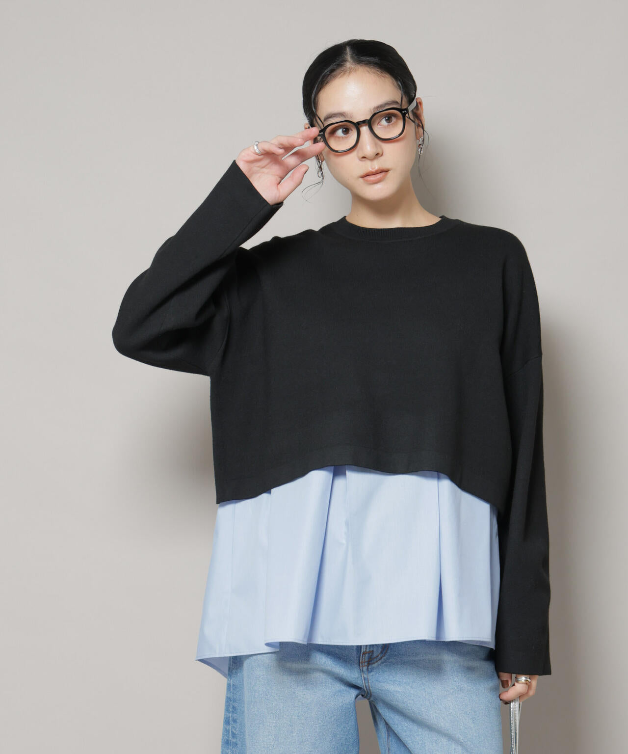 ダブルジャガードニット×タックブラウス ペプラムセット