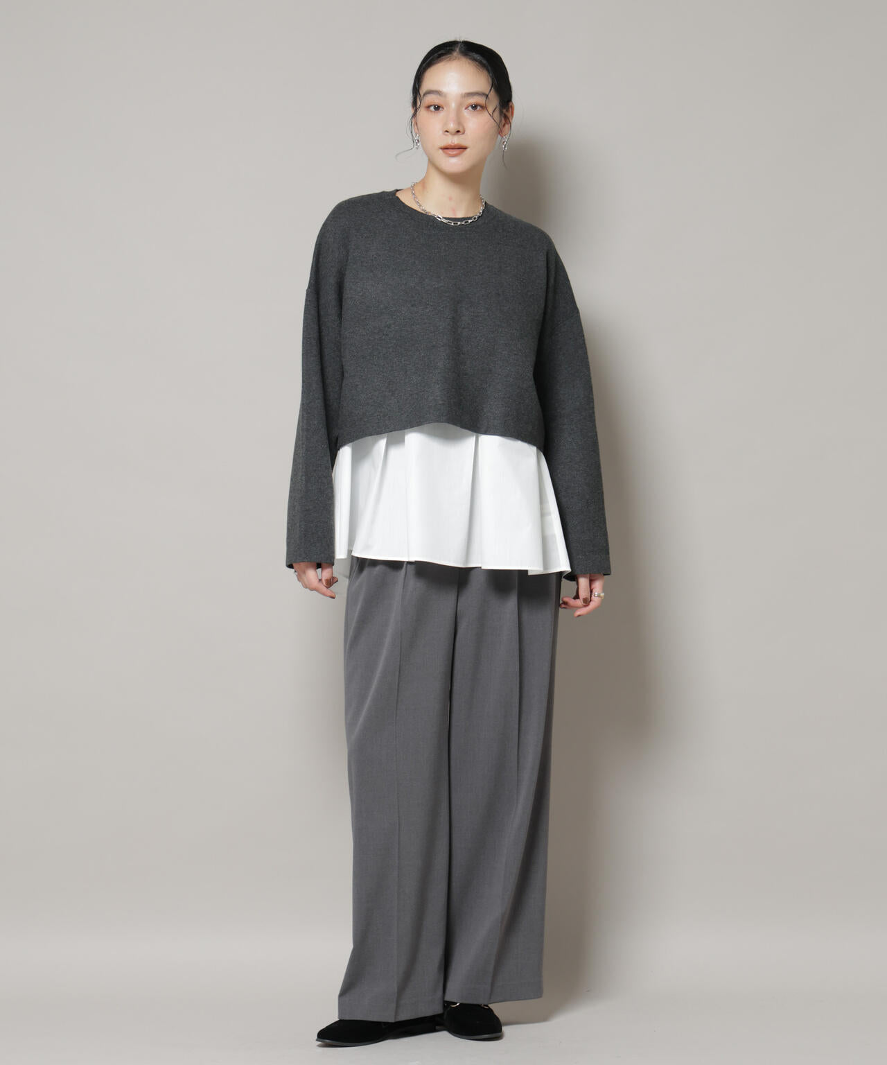 ダブルジャガードニット×タックブラウス ペプラムセット