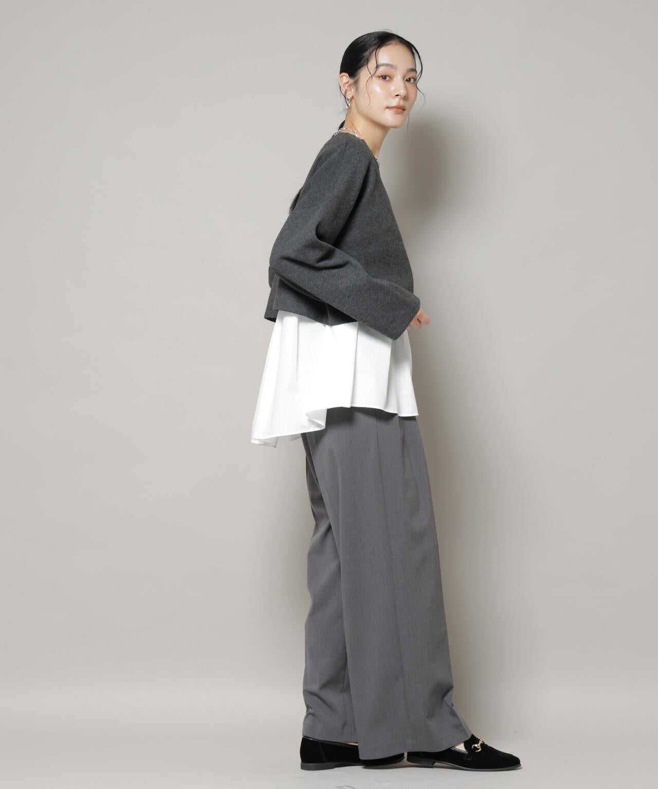 ダブルジャガードニット×タックブラウス ペプラムセット