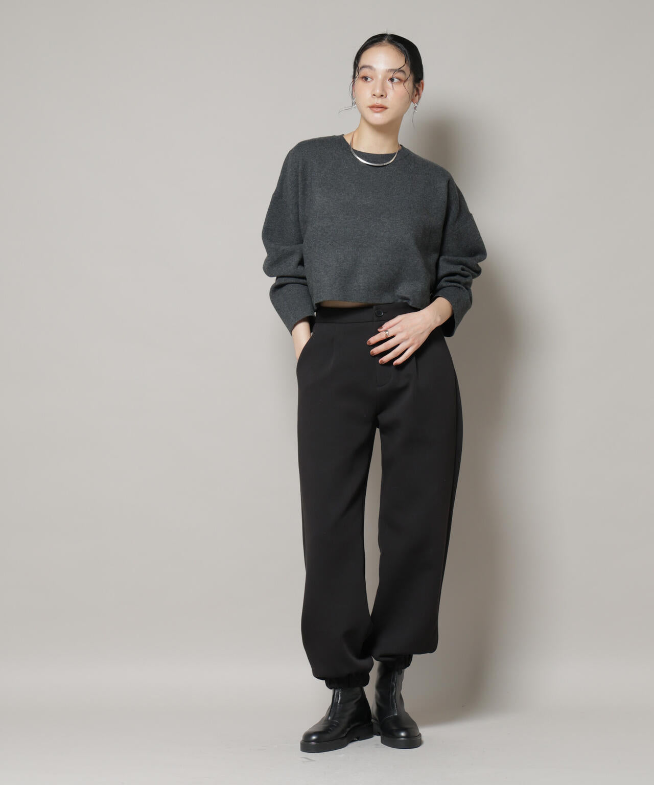 ダブルジャガードニット×タックブラウス ペプラムセット