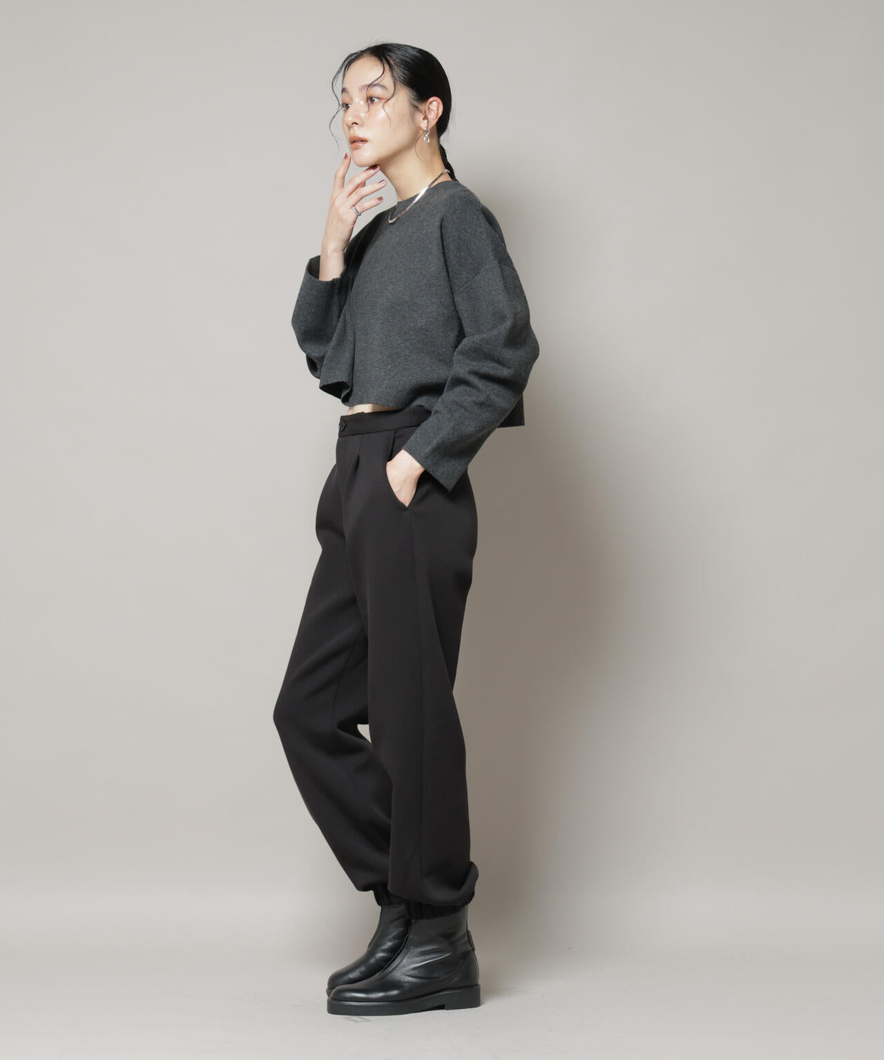 ダブルジャガードニット×タックブラウス ペプラムセット