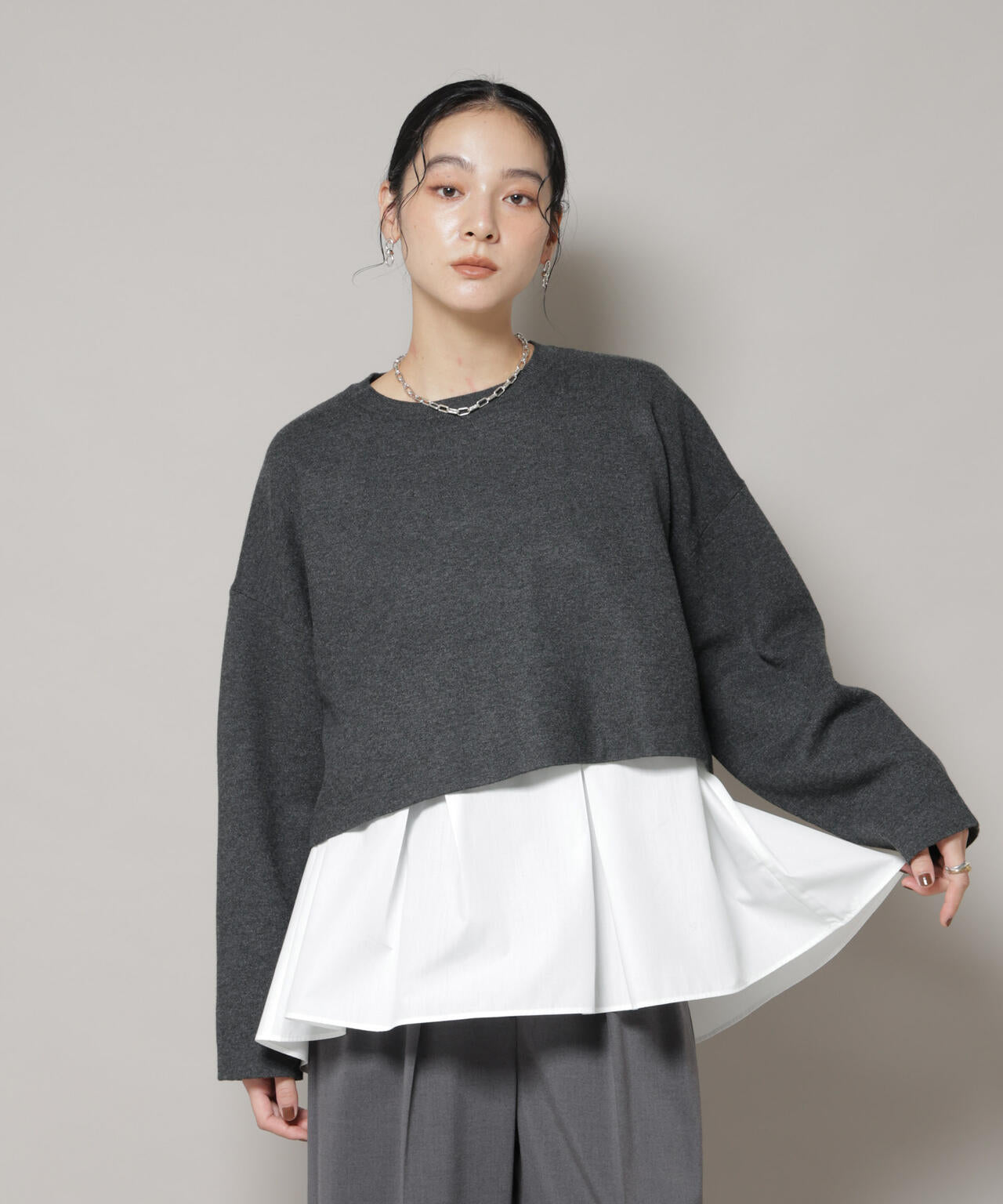 ダブルジャガードニット×タックブラウス ペプラムセット