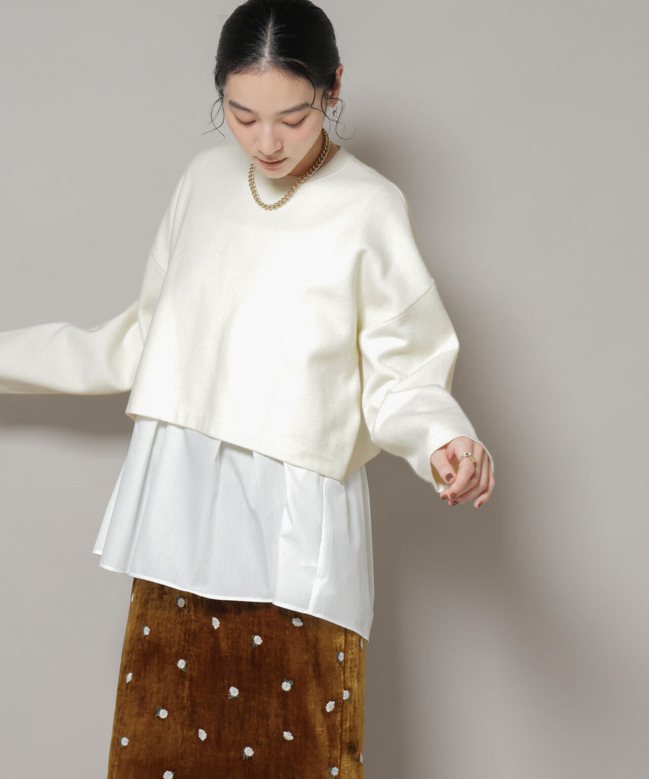 ダブルジャガードニット×タックブラウス ペプラムセット