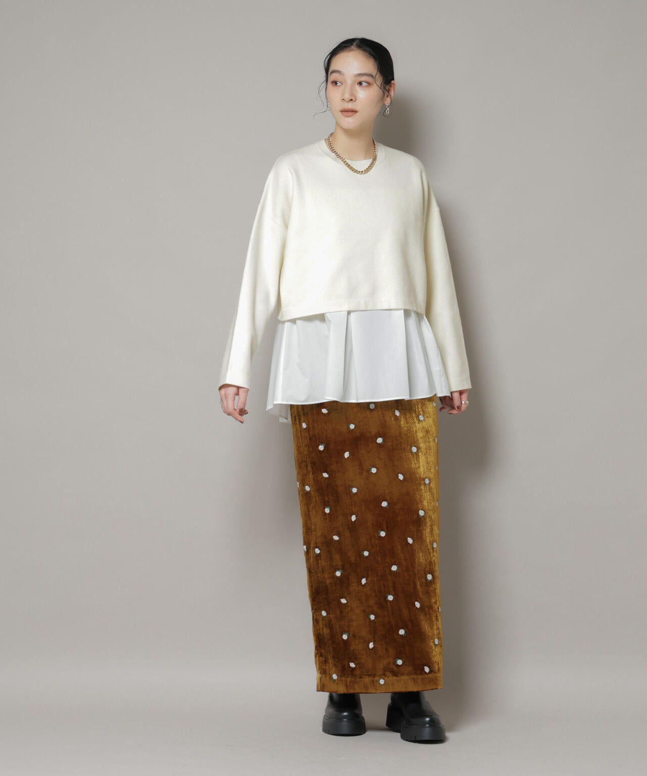 ダブルジャガードニット×タックブラウス ペプラムセット