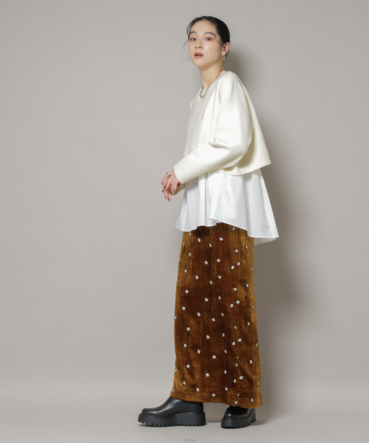 ダブルジャガードニット×タックブラウス ペプラムセット