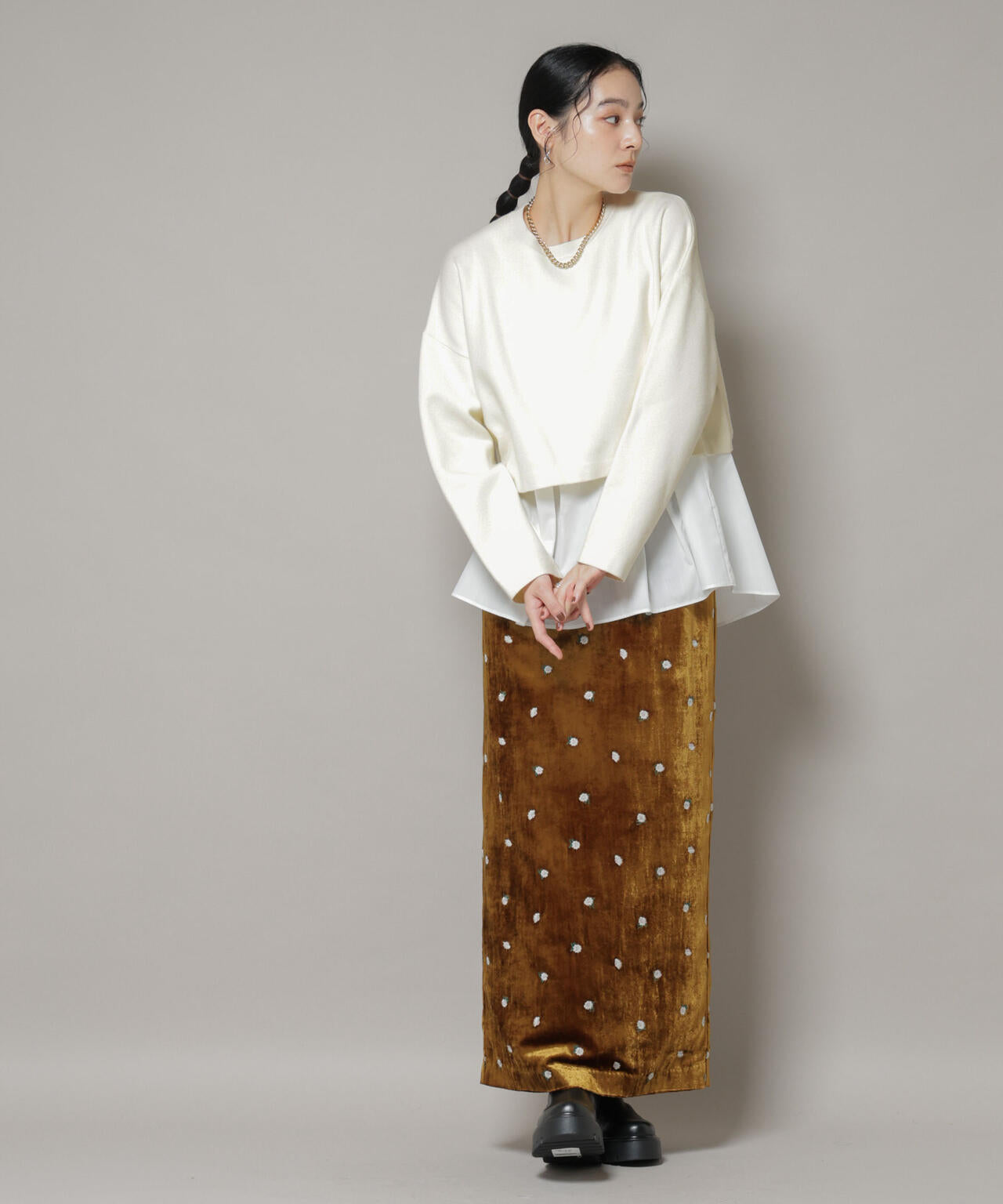 ダブルジャガードニット×タックブラウス ペプラムセット