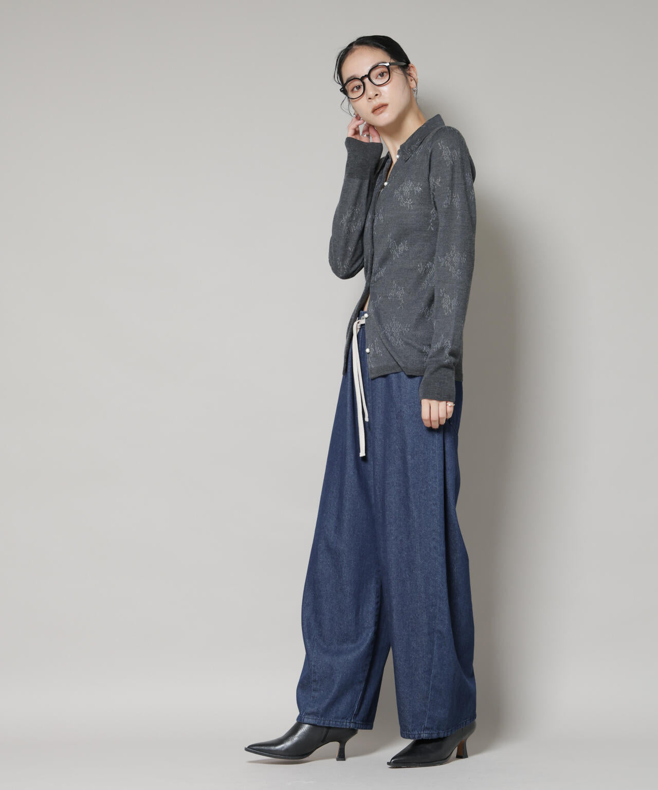 レースジャカード長袖ポロカーディガン