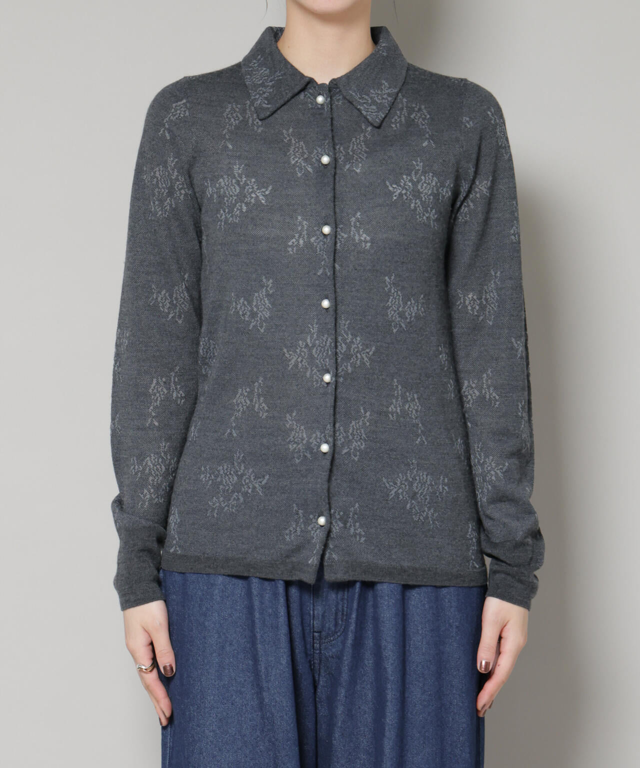 レースジャカード長袖ポロカーディガン