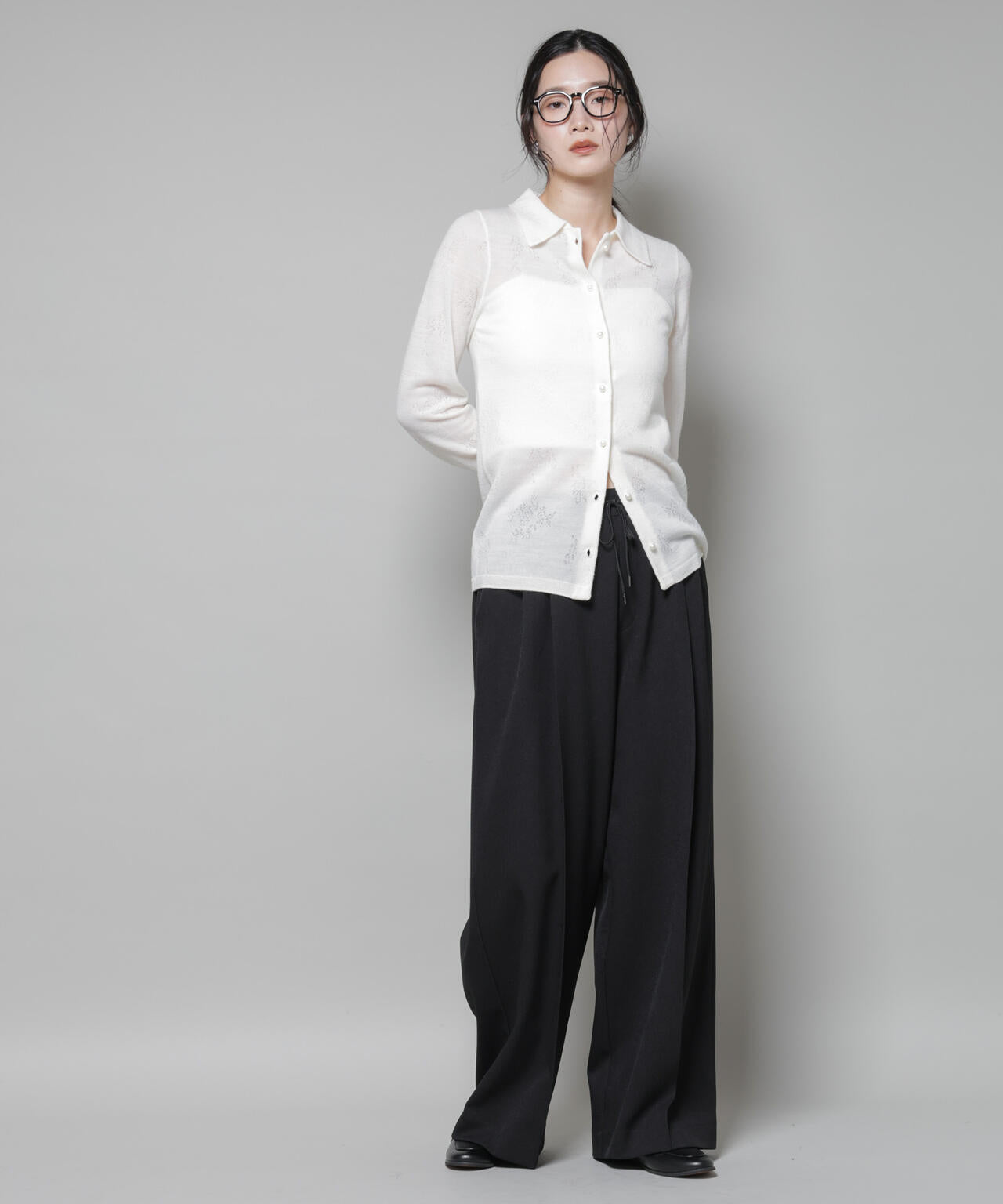 レースジャカード長袖ポロカーディガン