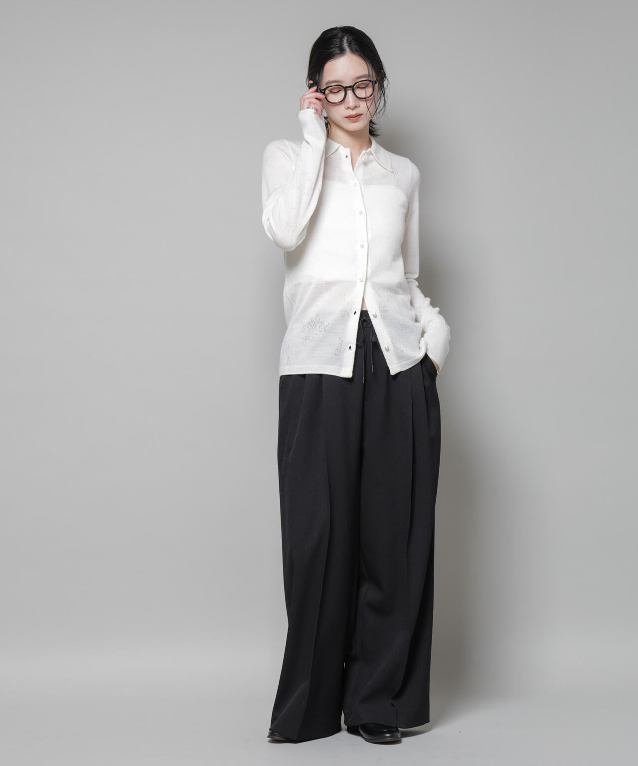 レースジャカード長袖ポロカーディガン