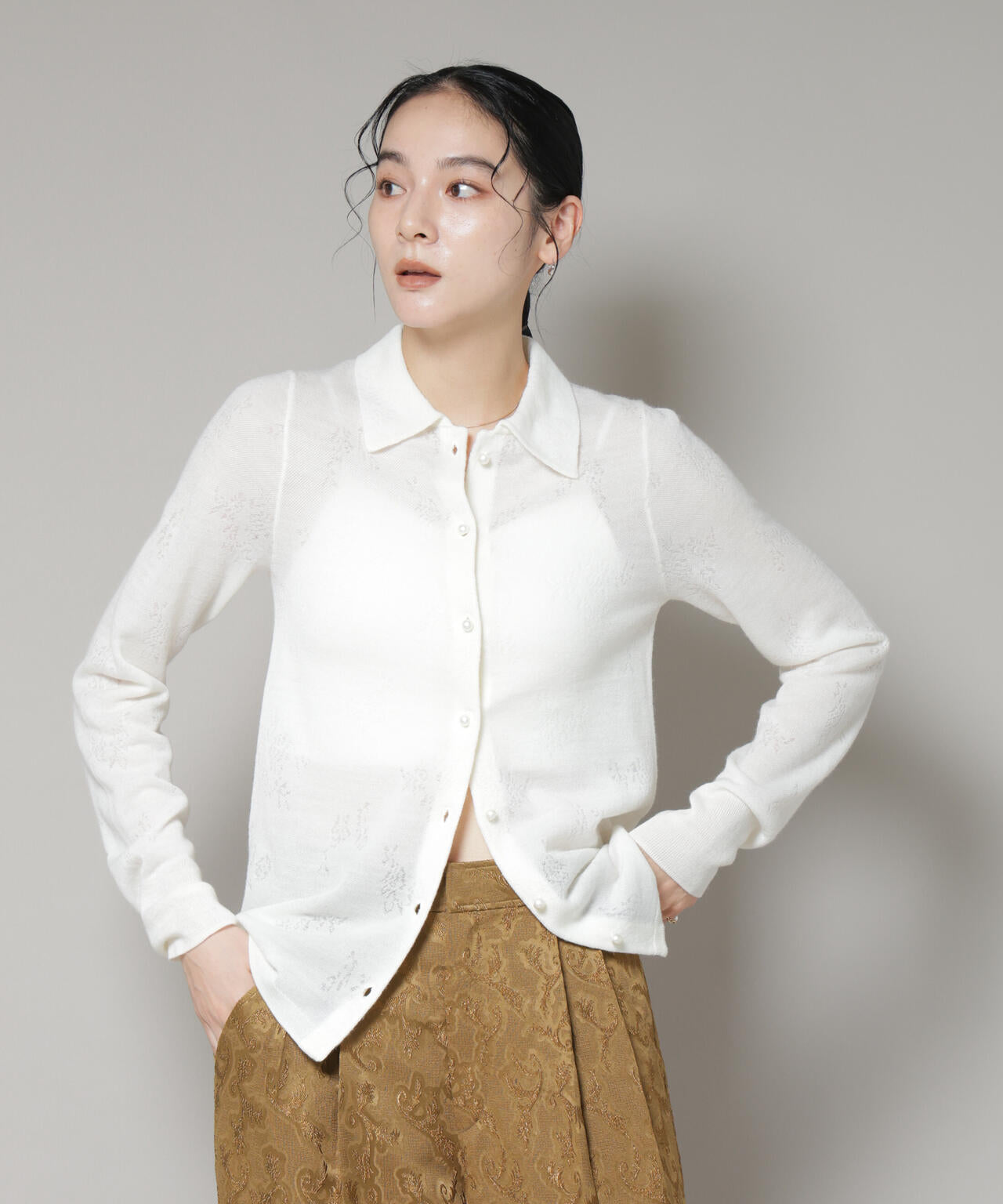 レースジャカード長袖ポロカーディガン