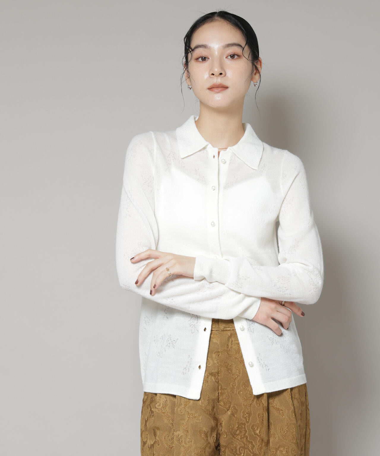 レースジャカード長袖ポロカーディガン