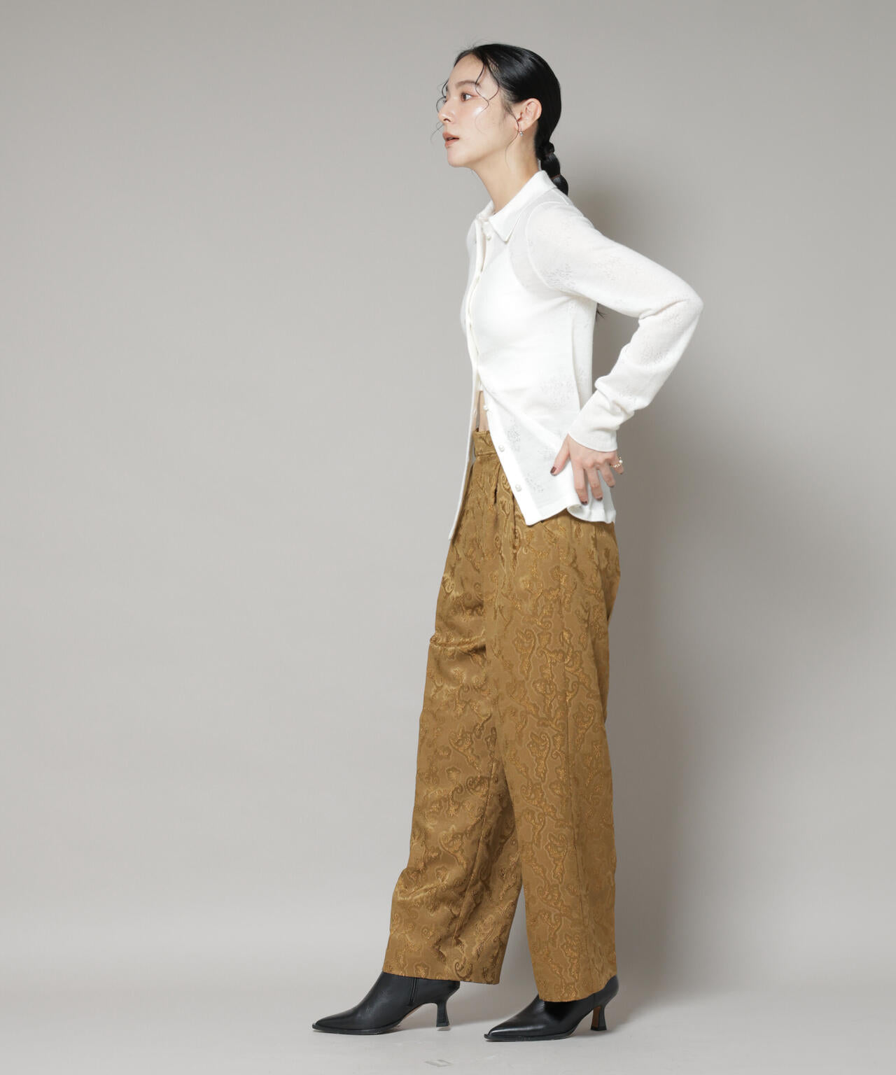 レースジャカード長袖ポロカーディガン