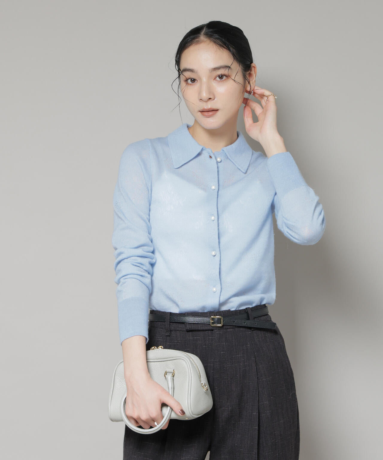 レースジャカード長袖ポロカーディガン