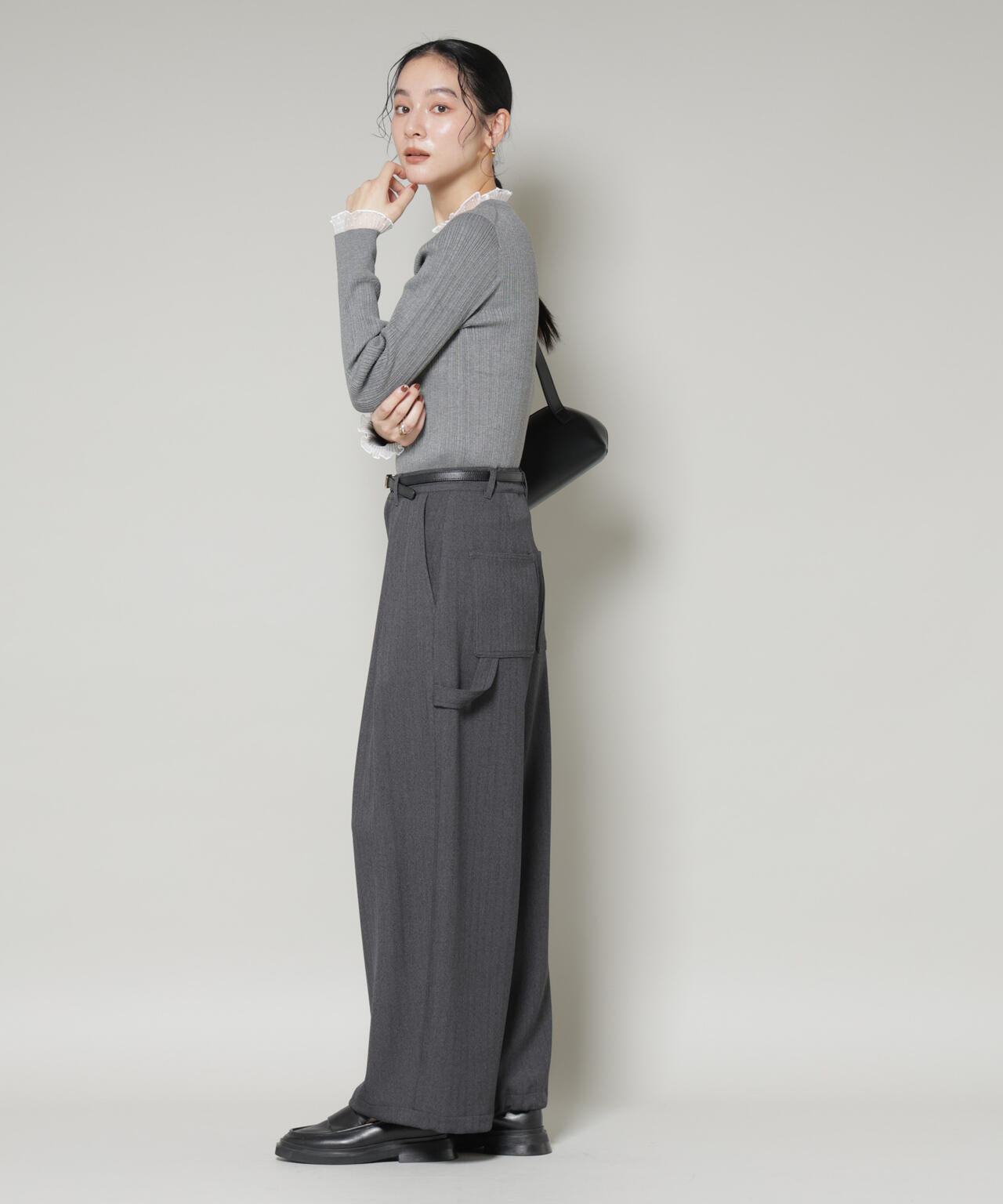 ホホバオイル加工チュールフリル付きランダムリブニット