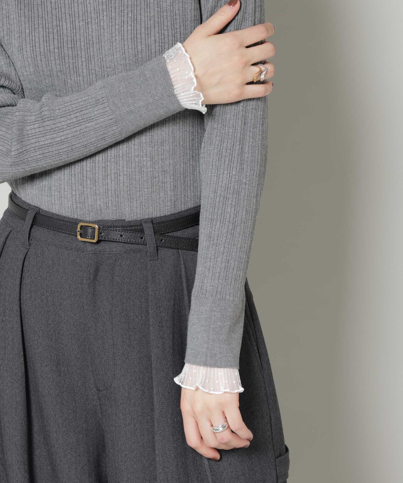 ホホバオイル加工チュールフリル付きランダムリブニット