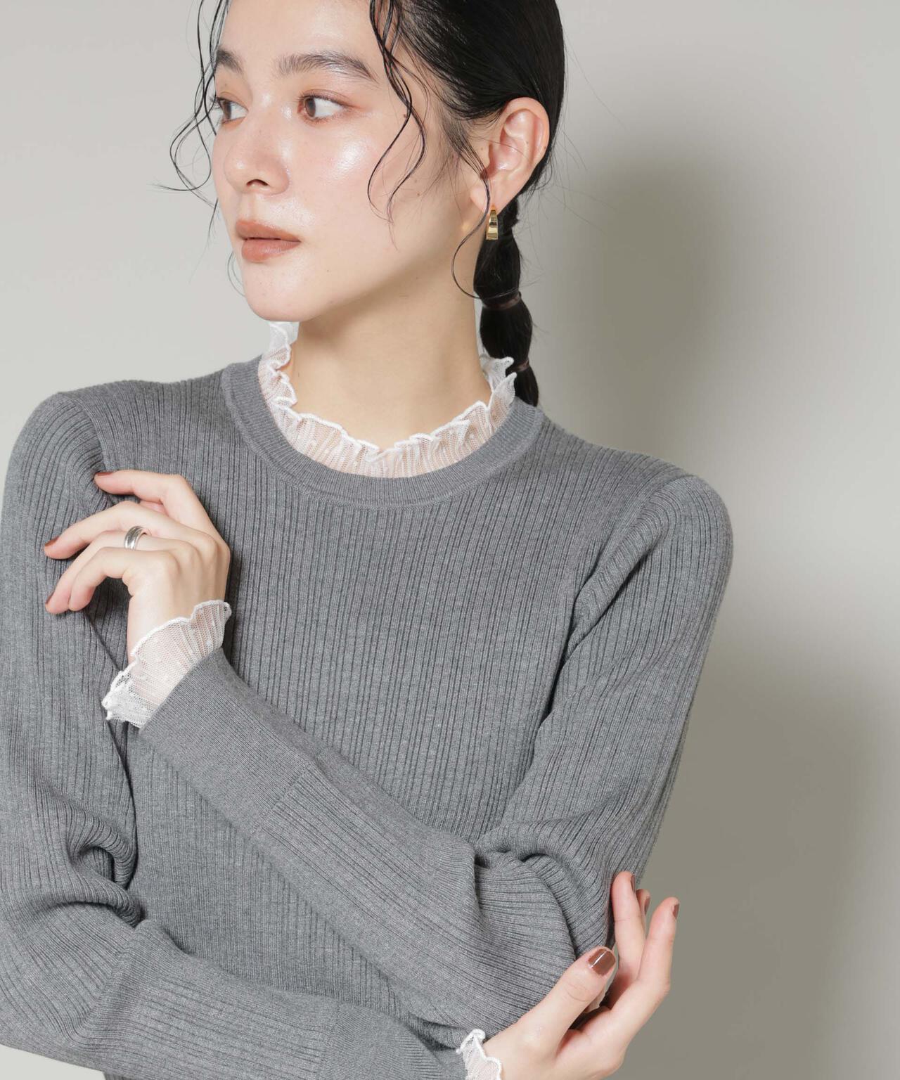 ナノユニバース（NANO universe）/ホホバオイル加工チュールフリル付きランダムリブニット ホホバオイル加工チュールフリル付きランダムリブニット | NANO