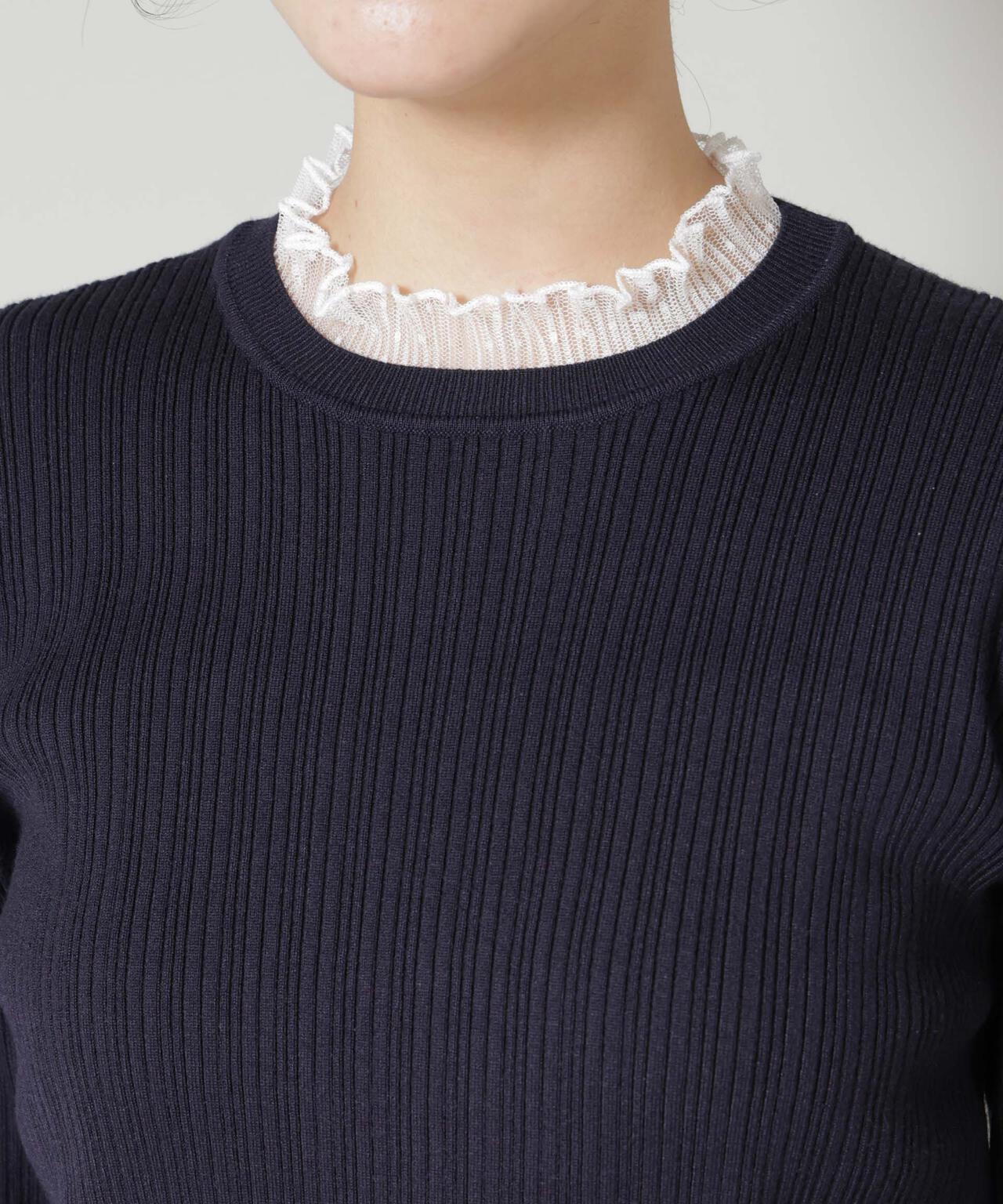 ホホバオイル加工チュールフリル付きランダムリブニット